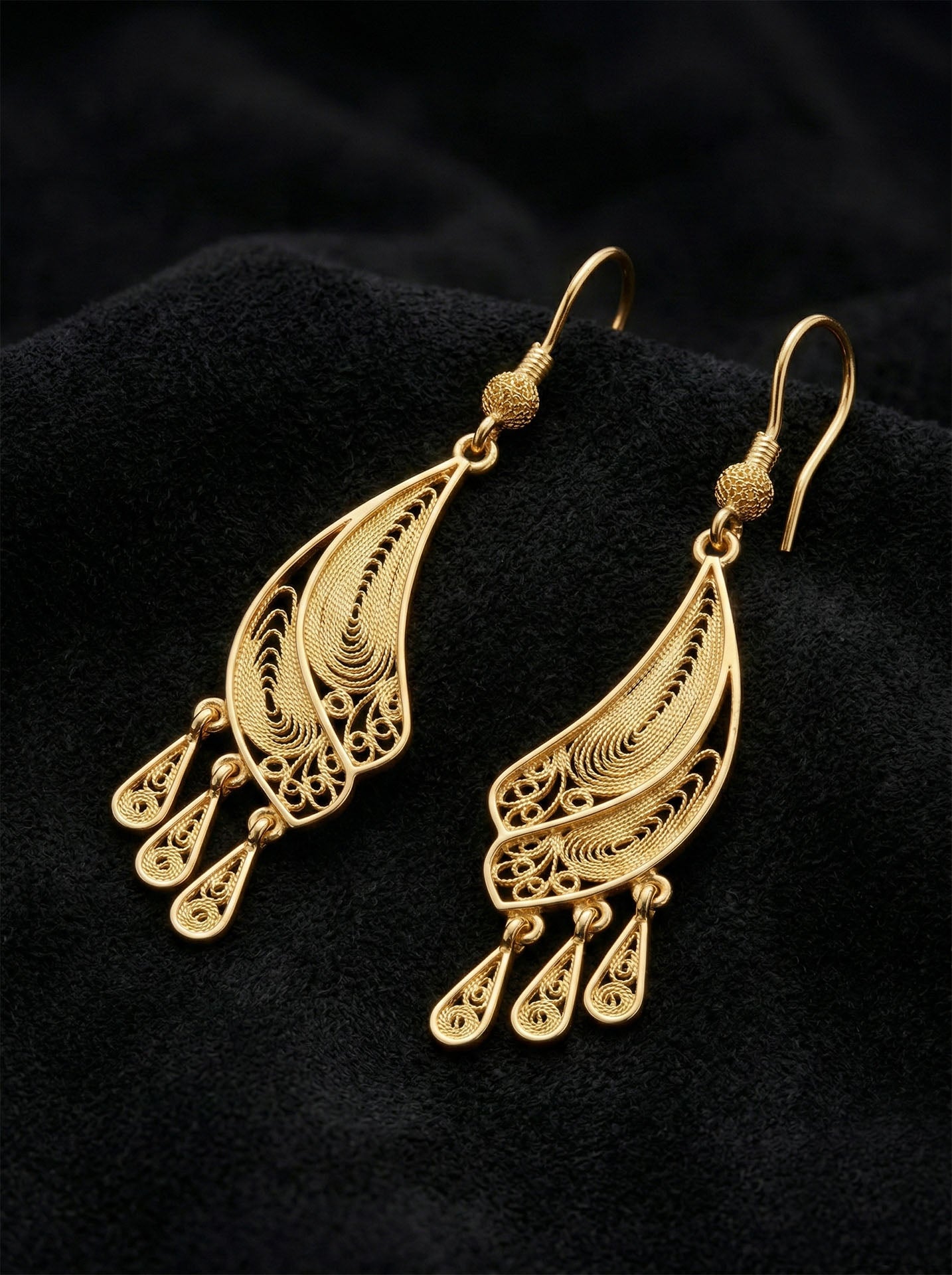 Traditional Handmade Filigree Dragonfly Wing Earrings Gold Plated Silver