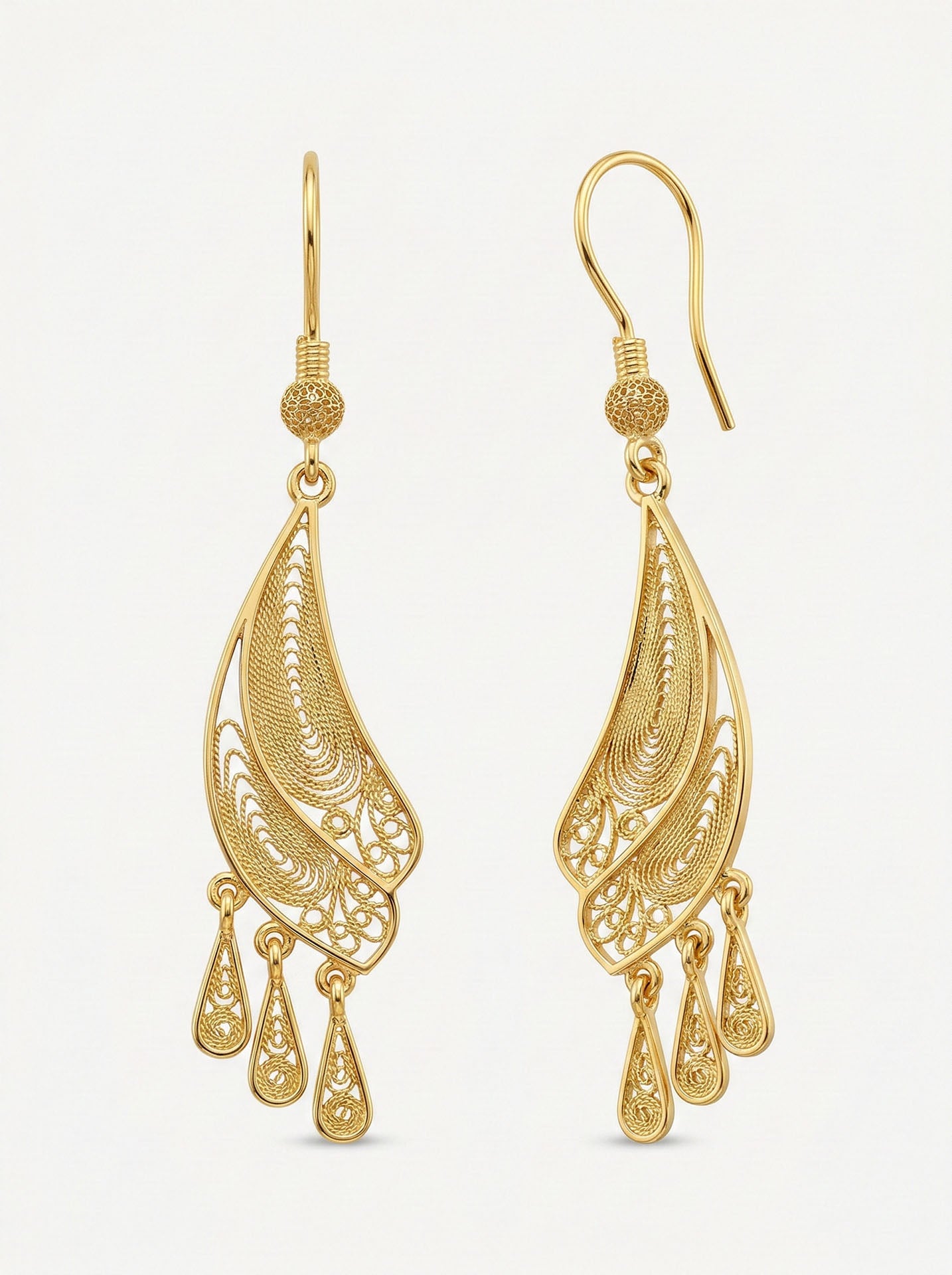 Traditional Handmade Filigree Dragonfly Wing Earrings Gold Plated Silver