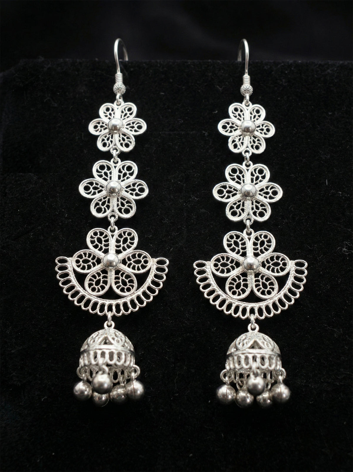 Filigree Floral Cluster Bell Drop Earrings in 925 sterling silver - view 4