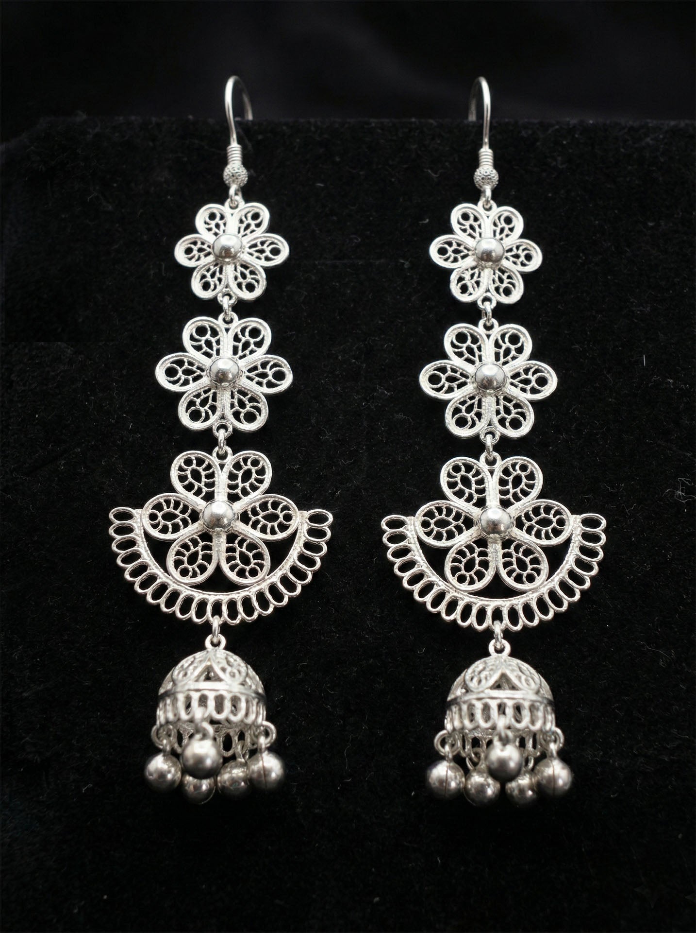 Traditional Handmade Filigree Flower Motif Cluster Bell Dangle Earrings Silver