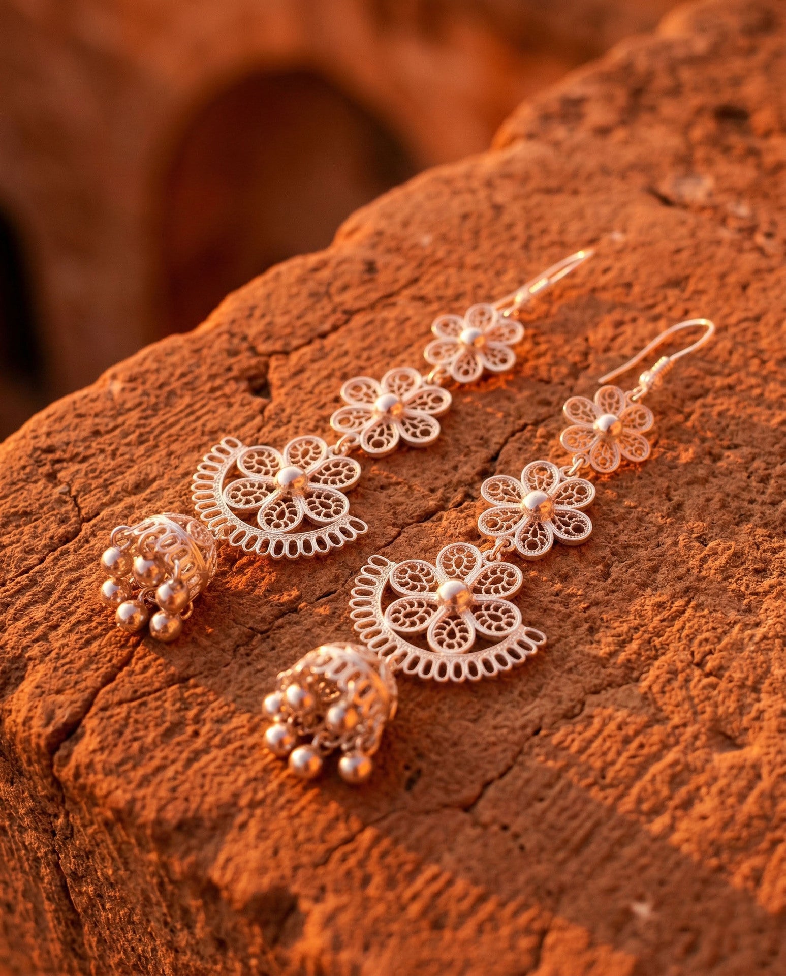 Traditional Handmade Filigree Flower Motif Cluster Bell Dangle Earrings Silver