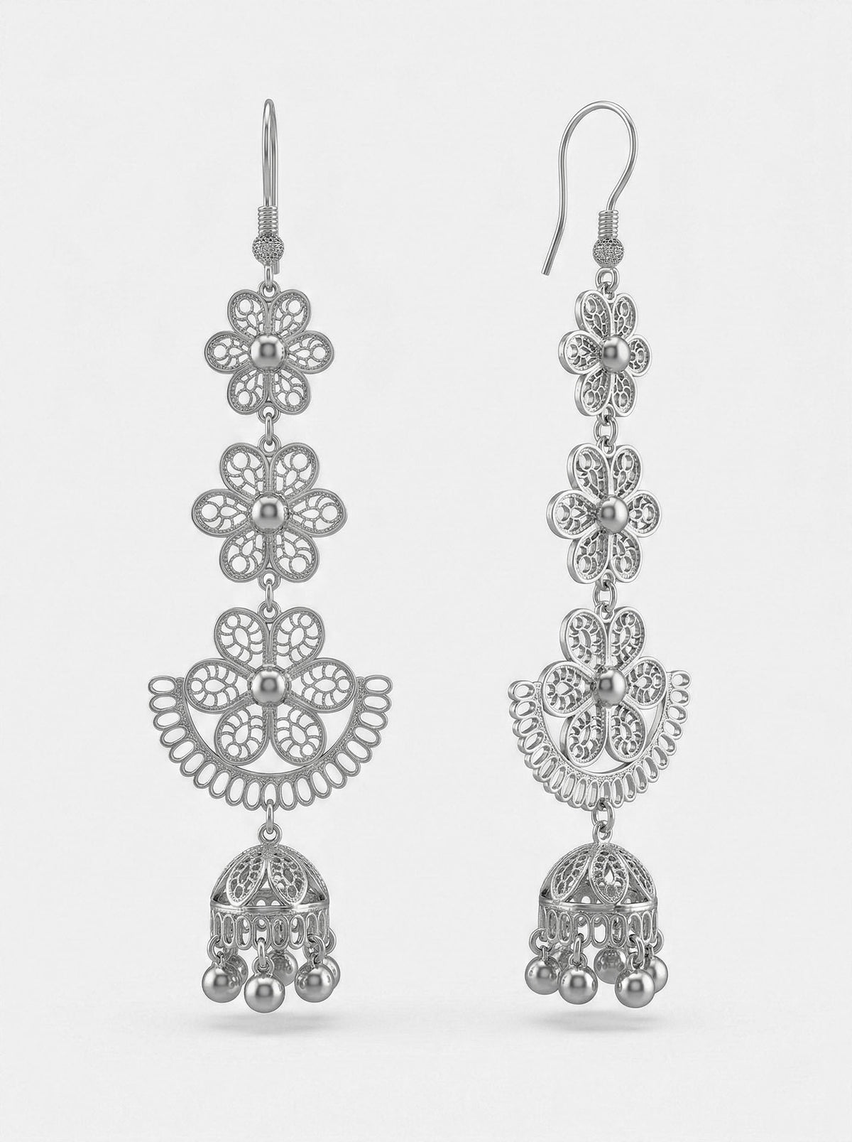 Filigree Floral Cluster Bell Drop Earrings in 925 sterling silver - view 6