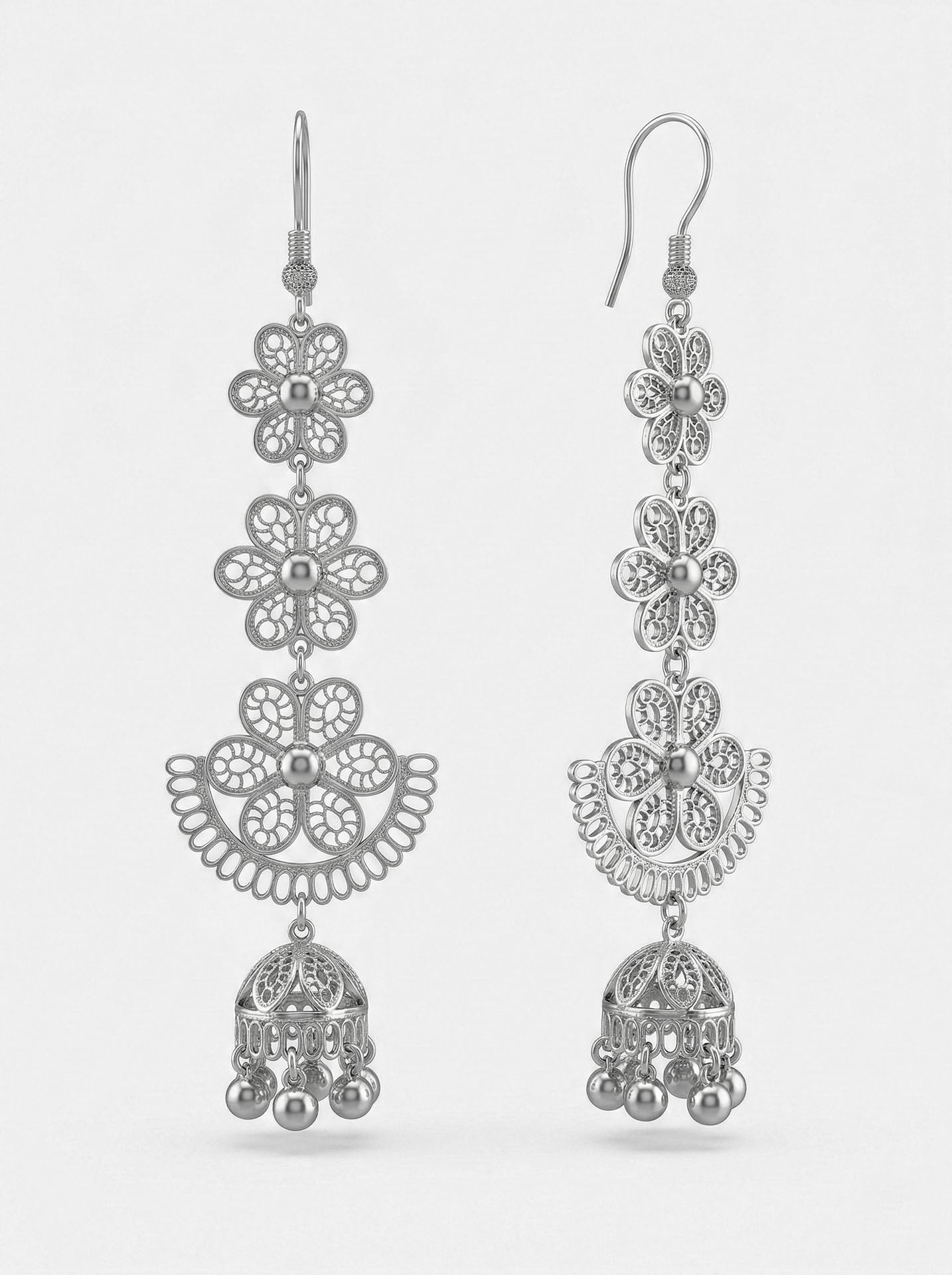 Traditional Handmade Filigree Flower Motif Cluster Bell Dangle Earrings Silver