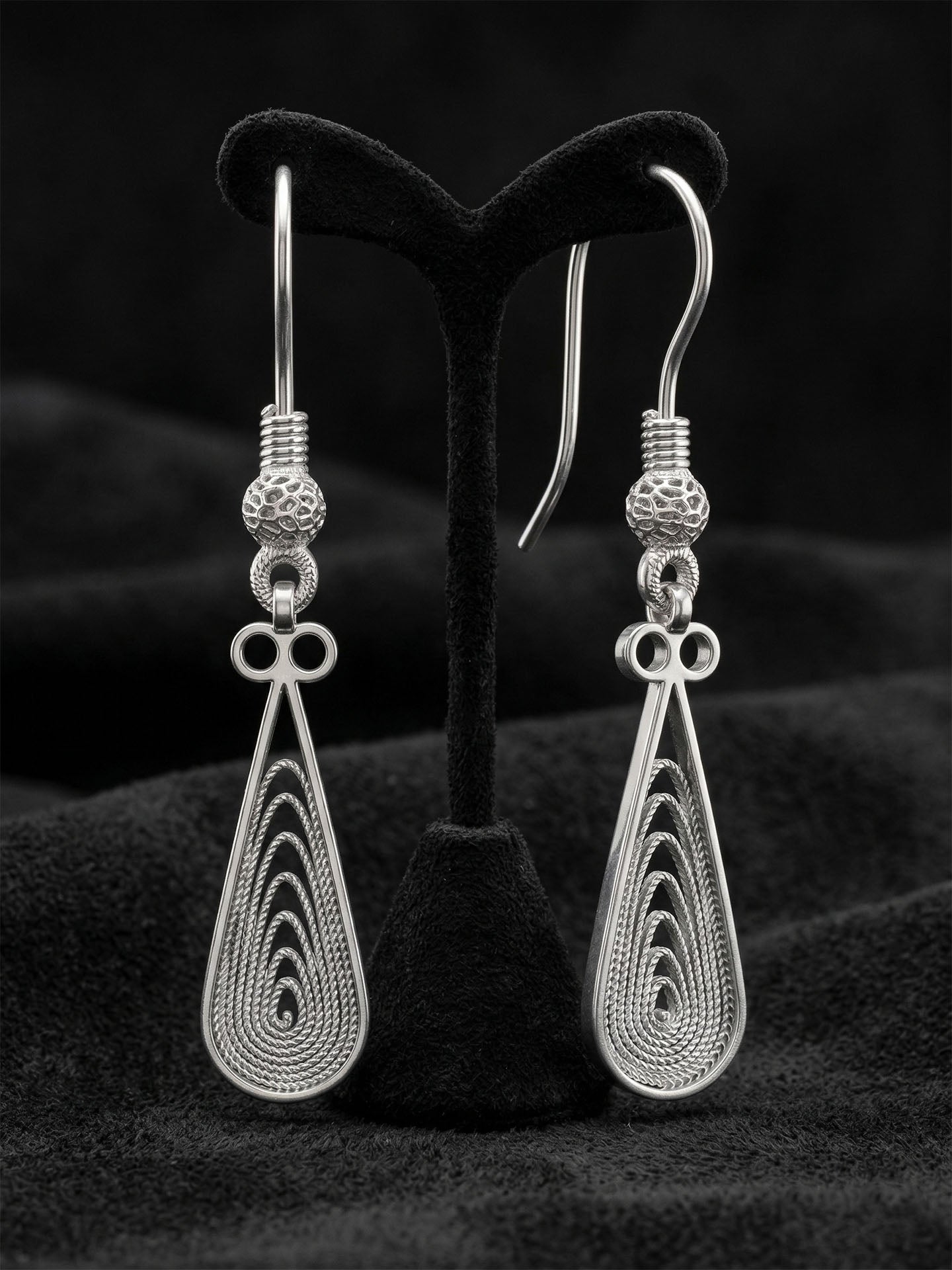 Traditional Handmade Filigree Drop Motif Minimalist Hook Earrings Silver