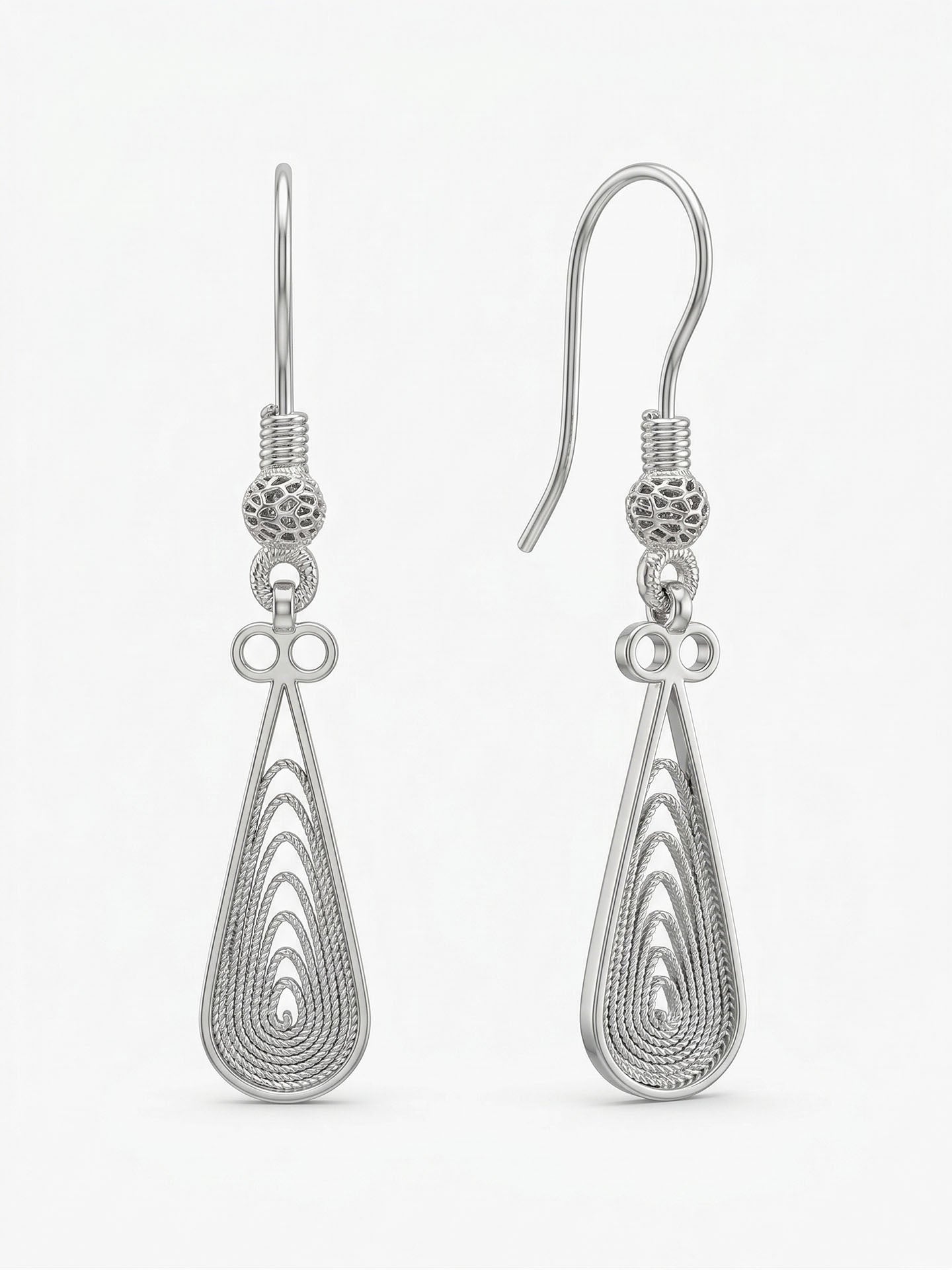 Traditional Handmade Filigree Drop Motif Minimalist Hook Earrings Silver
