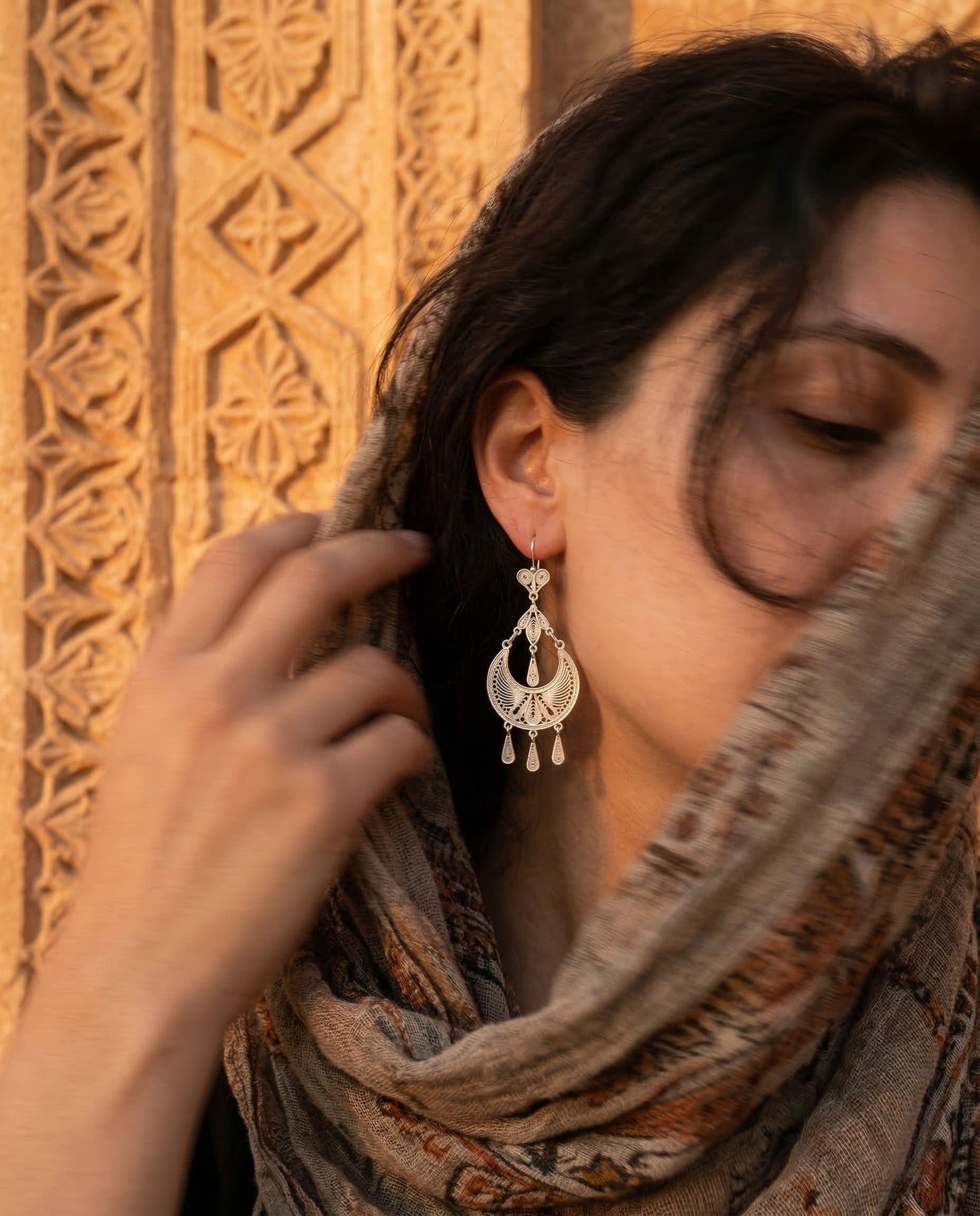 Traditional Handmade Filigree Statement Syriac Crescent Earrings Silver