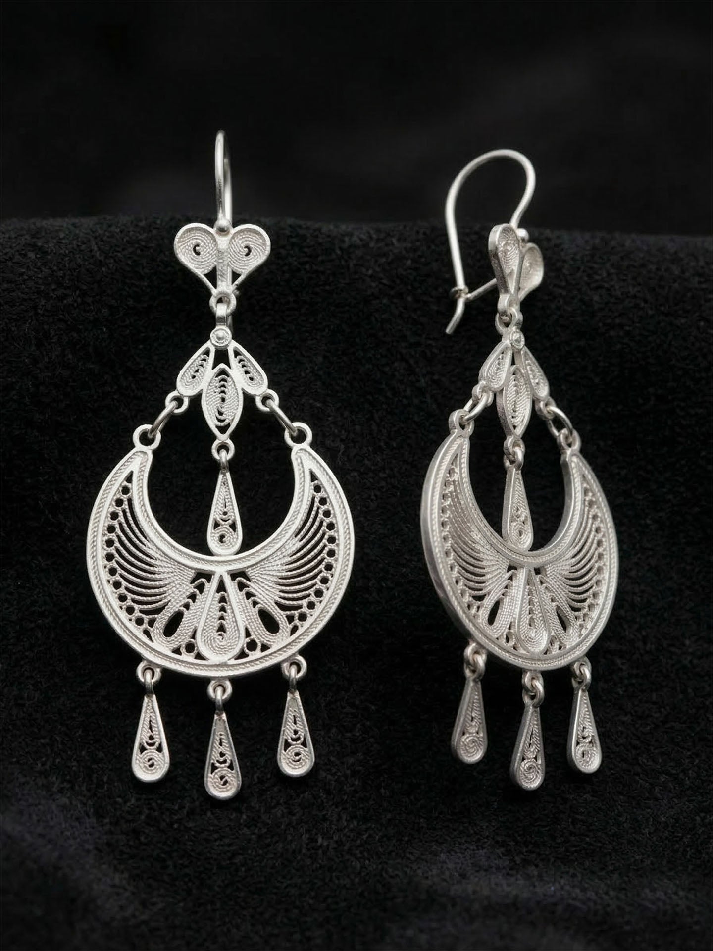 Traditional Handmade Filigree Statement Syriac Crescent Earrings Silver