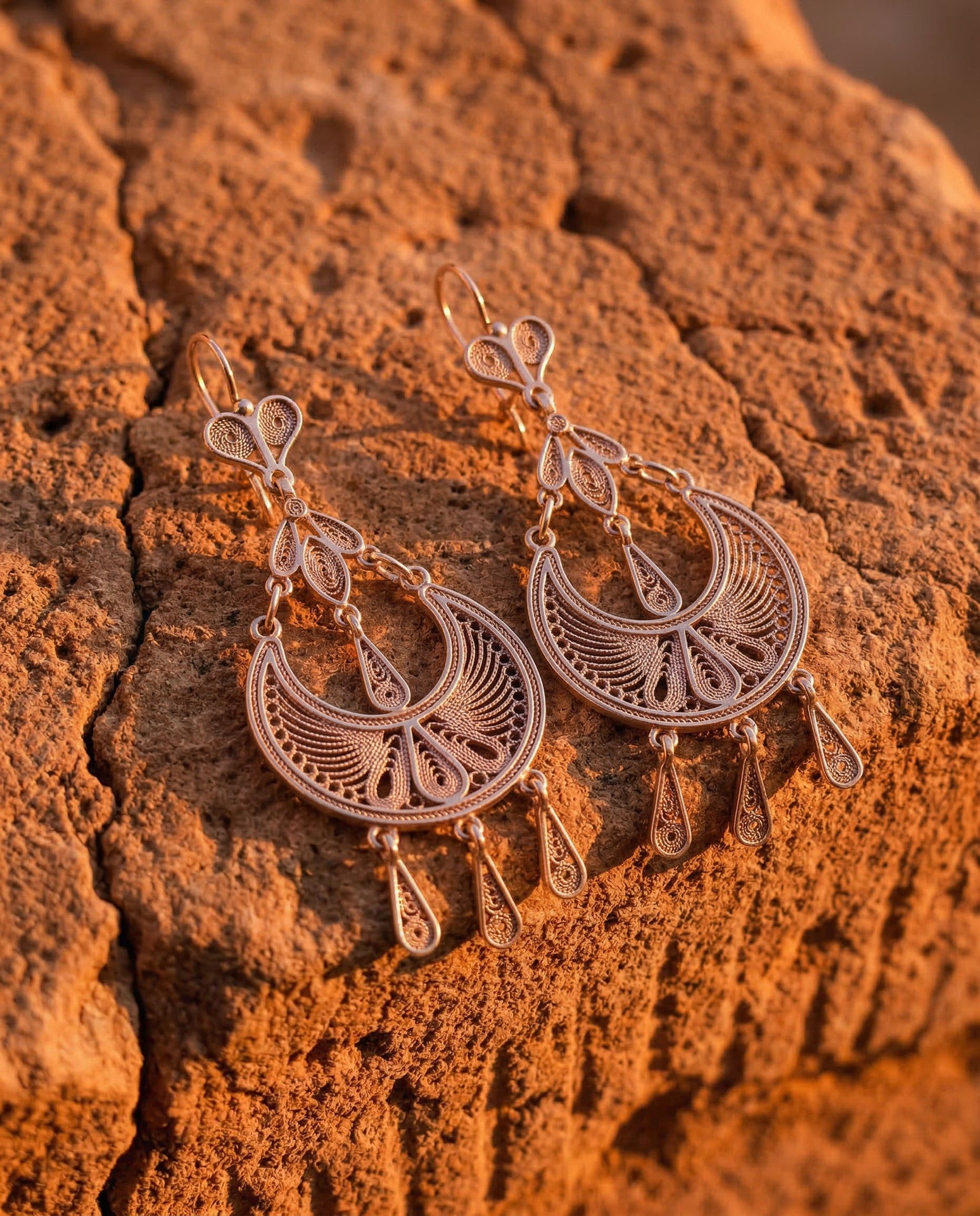 Traditional Handmade Filigree Statement Syriac Crescent Earrings Silver