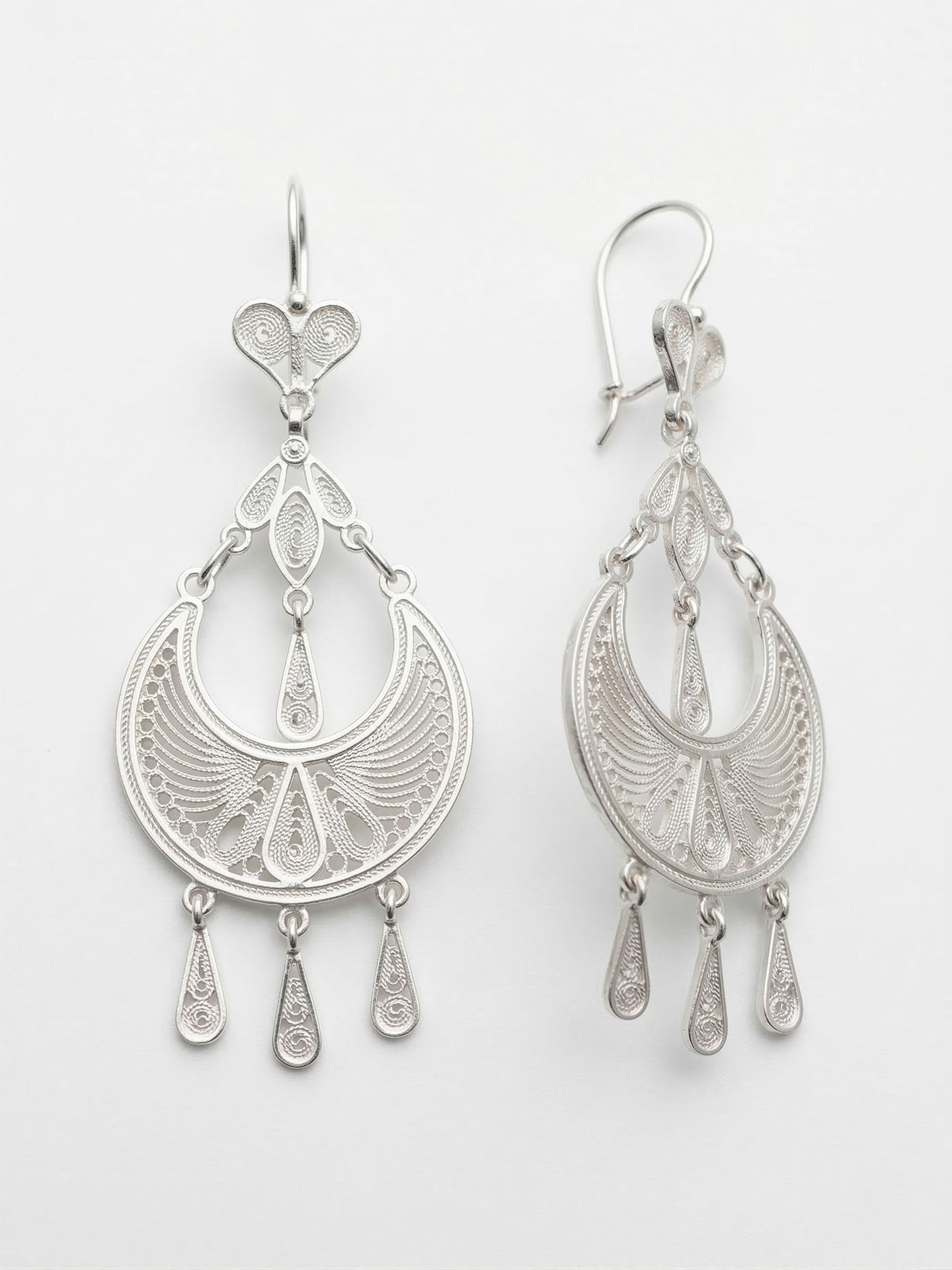 Traditional Handmade Filigree Statement Syriac Crescent Earrings Silver