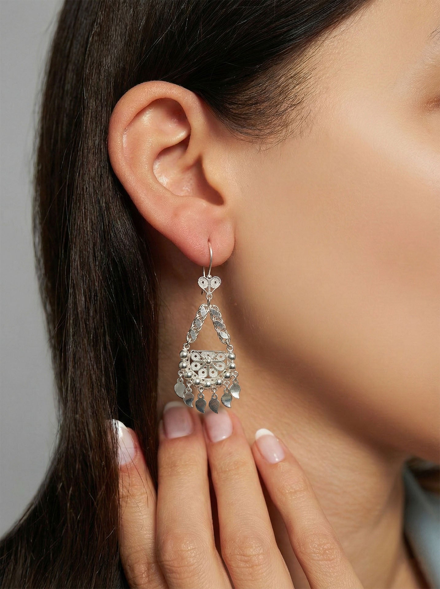 Traditional Handmade Filigree Sequin Cluster Shahmaran Earrings Silver