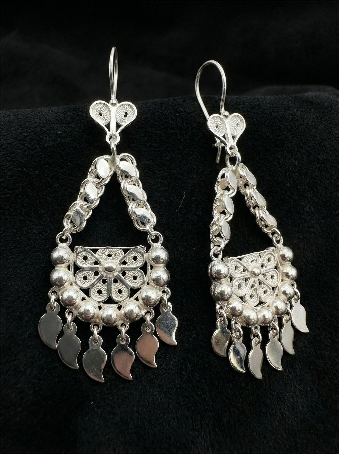 Traditional Handmade Filigree Sequin Cluster Shahmaran Earrings Silver