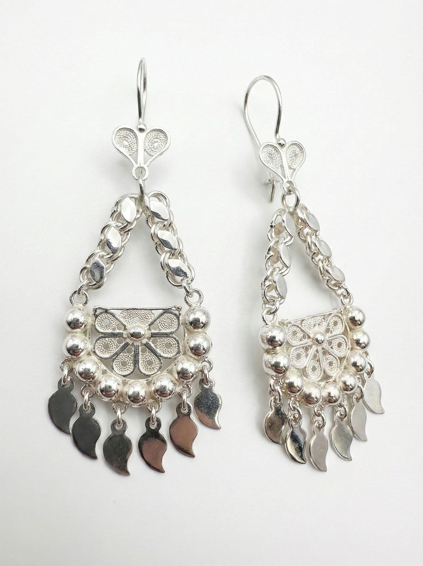 Traditional Handmade Filigree Sequin Cluster Shahmaran Earrings Silver