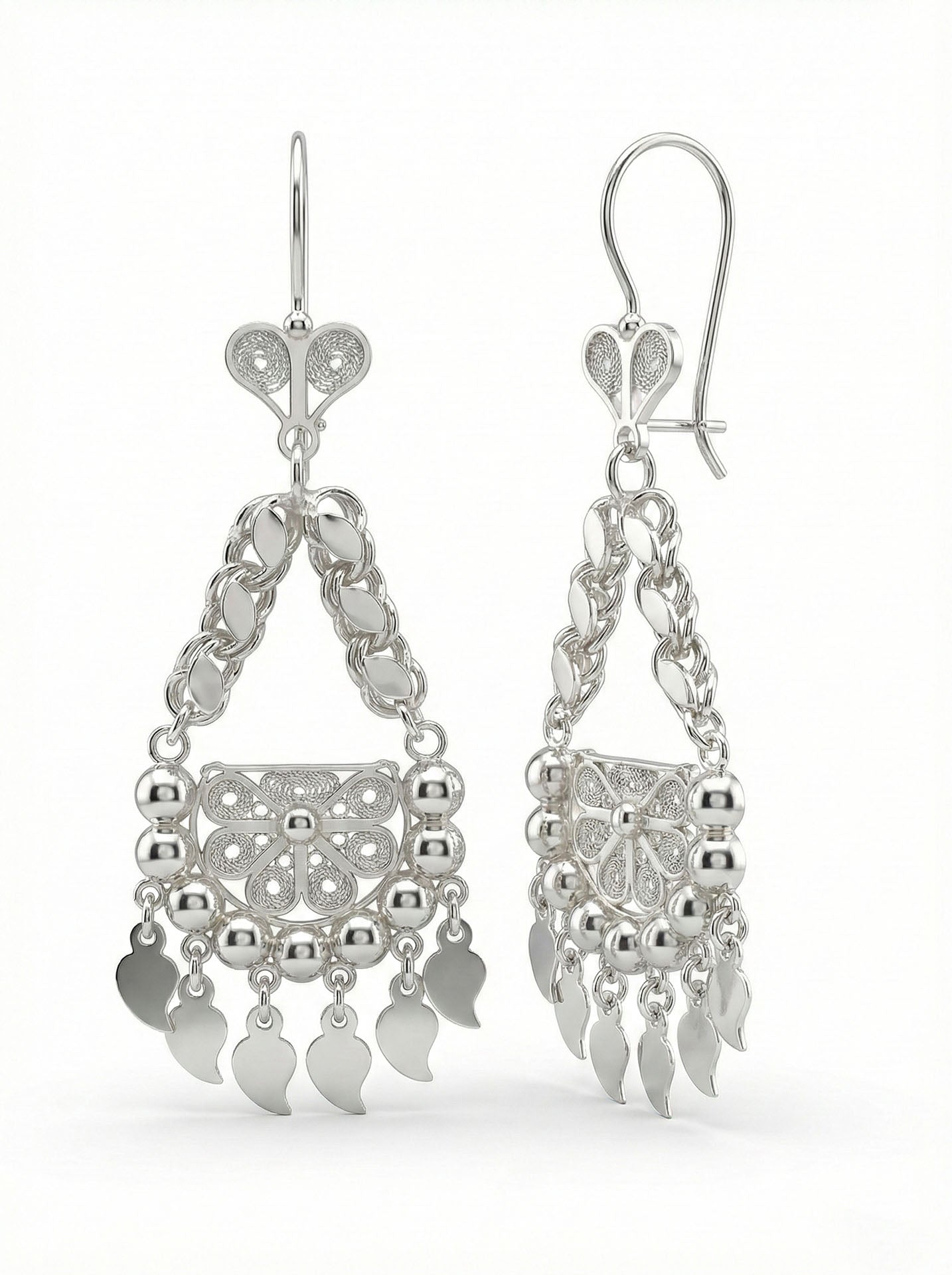Traditional Handmade Filigree Sequin Cluster Shahmaran Earrings Silver
