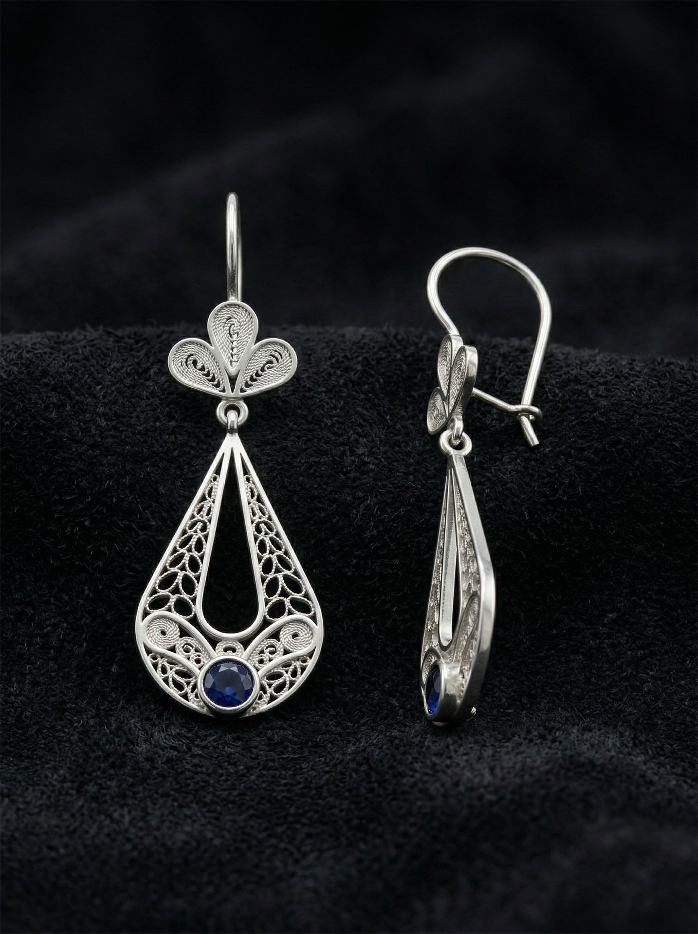 Traditional Handmade Filigree Sapphire Tulip Charm Drop Dangle Earrings Silver