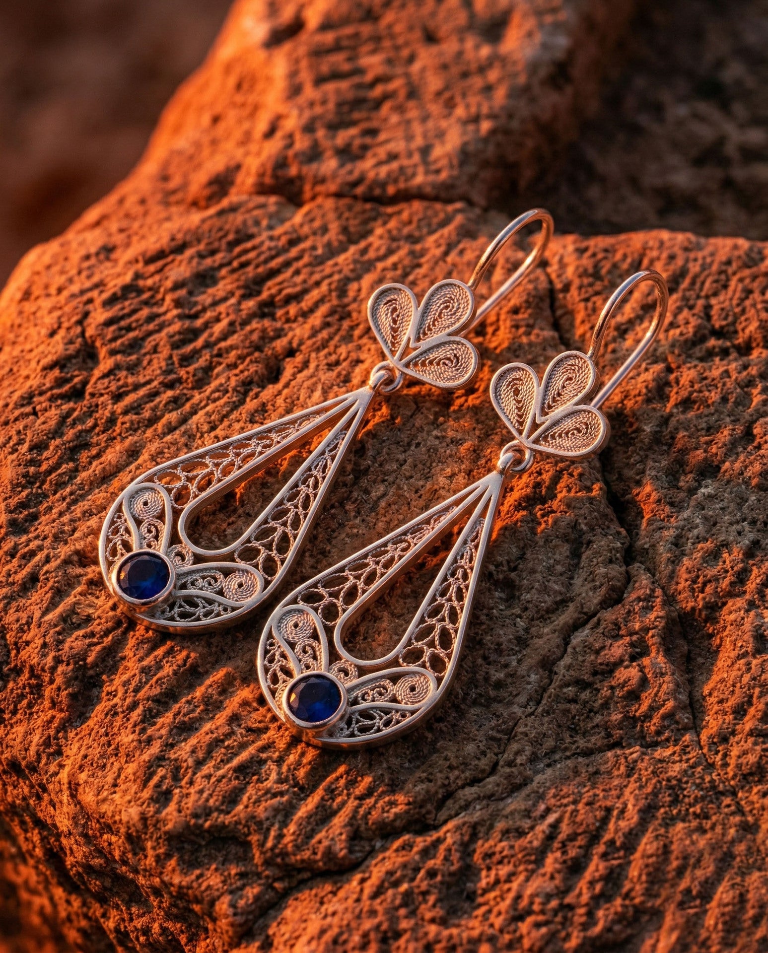 Traditional Handmade Filigree Sapphire Tulip Charm Drop Dangle Earrings Silver