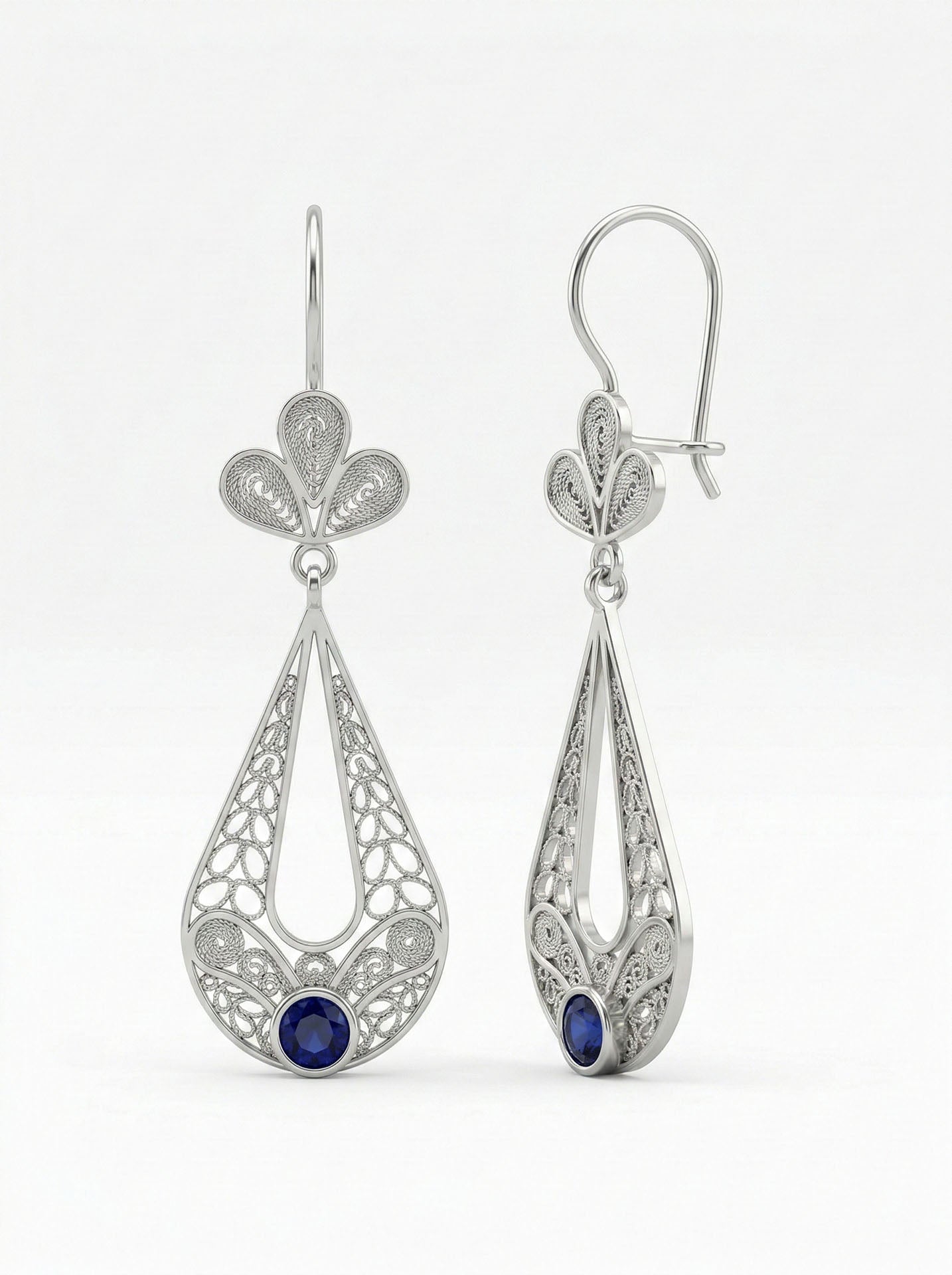 Traditional Handmade Filigree Sapphire Tulip Charm Drop Dangle Earrings Silver