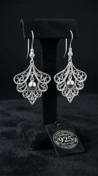 925 Sterling Silver Traditional Handicraft Filigree Peacock Feather Hook Earrings