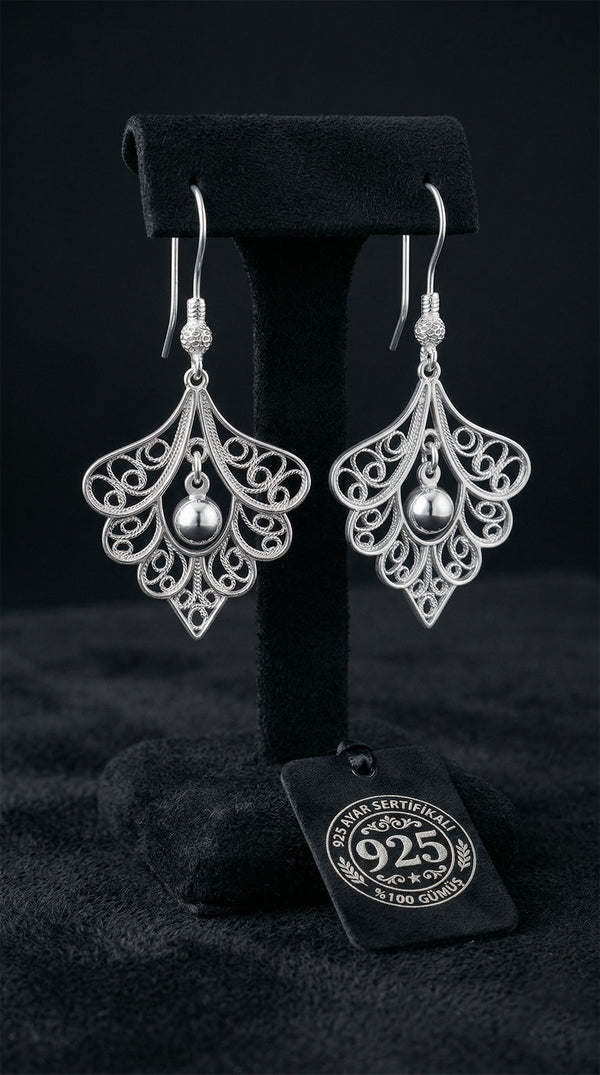 925 Sterling Silver Traditional Handicraft Filigree Peacock Feather Hook Earrings