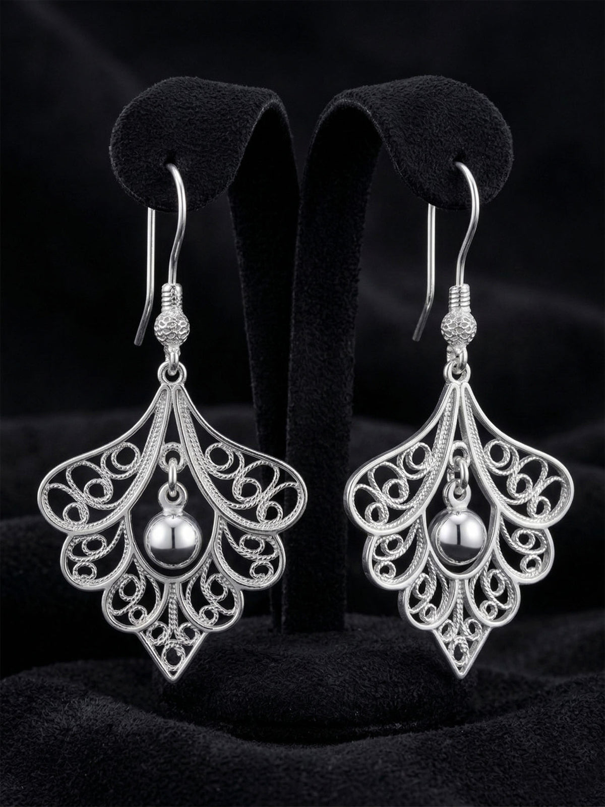Filigree Peacock Feather Drop Earrings, Handcrafted in 925 sterling silver - view 3