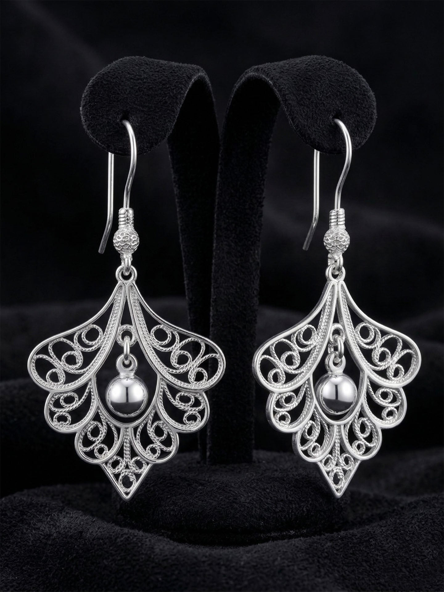 Traditional Handmade Filigree Peacock Feather Hook Earrings Silver