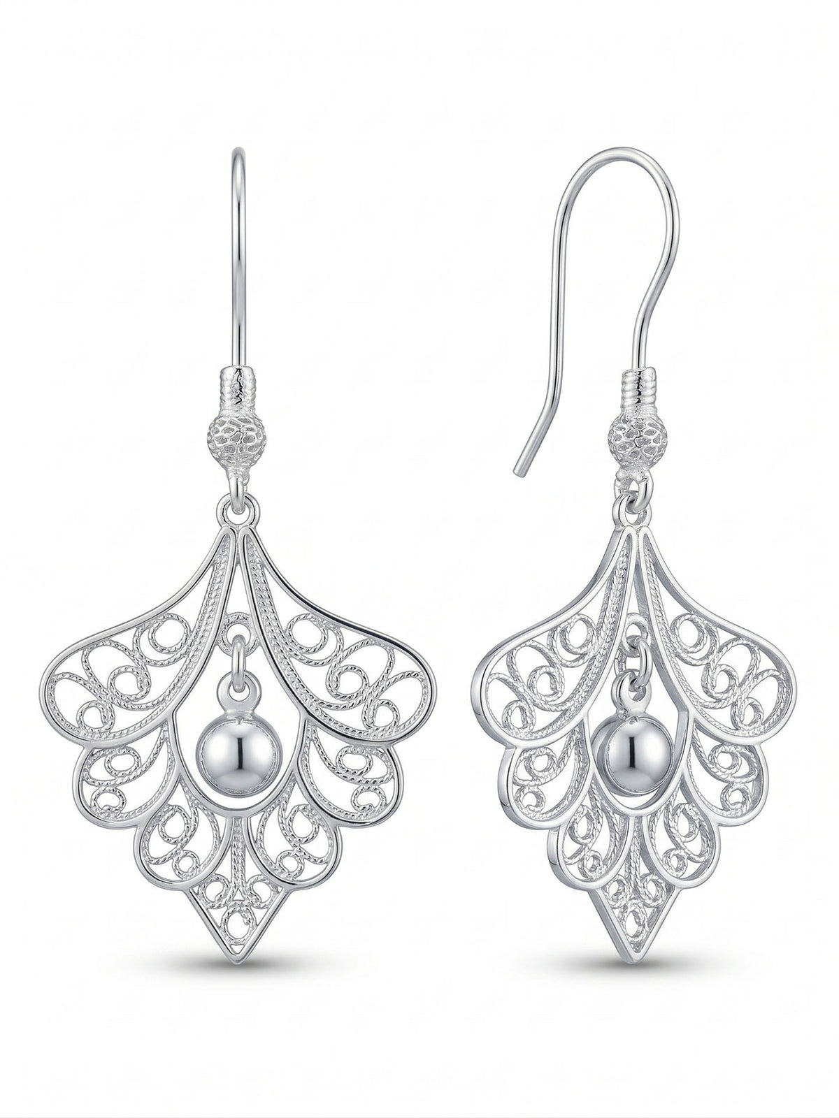 Filigree Peacock Feather Drop Earrings, Handcrafted in 925 sterling silver - view 4