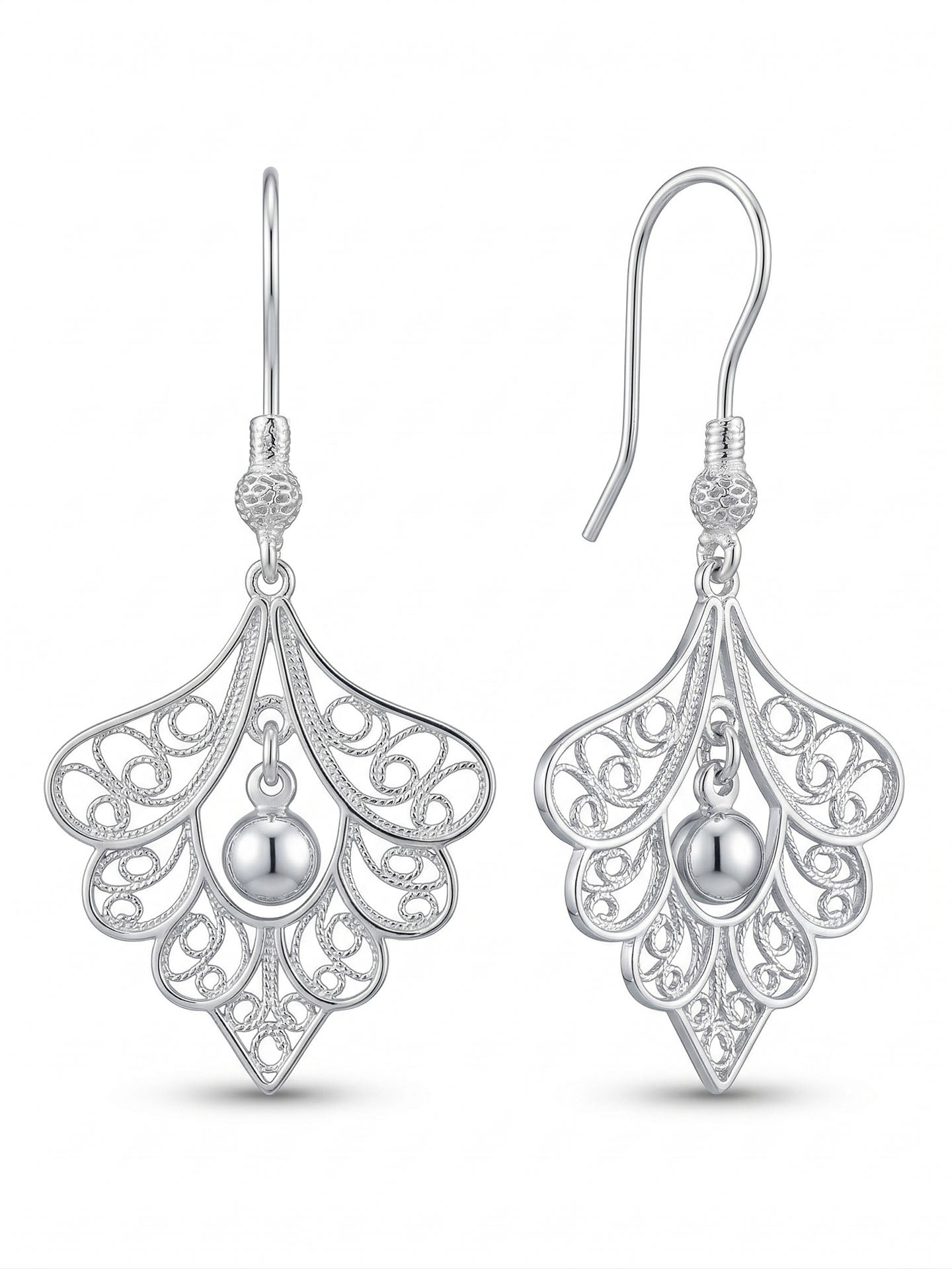 Traditional Handmade Filigree Peacock Feather Hook Earrings Silver