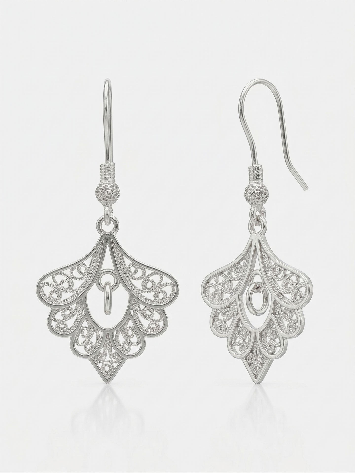 Traditional Handmade Filigree Peacock Feather Minimalist Hook Earrings Silver