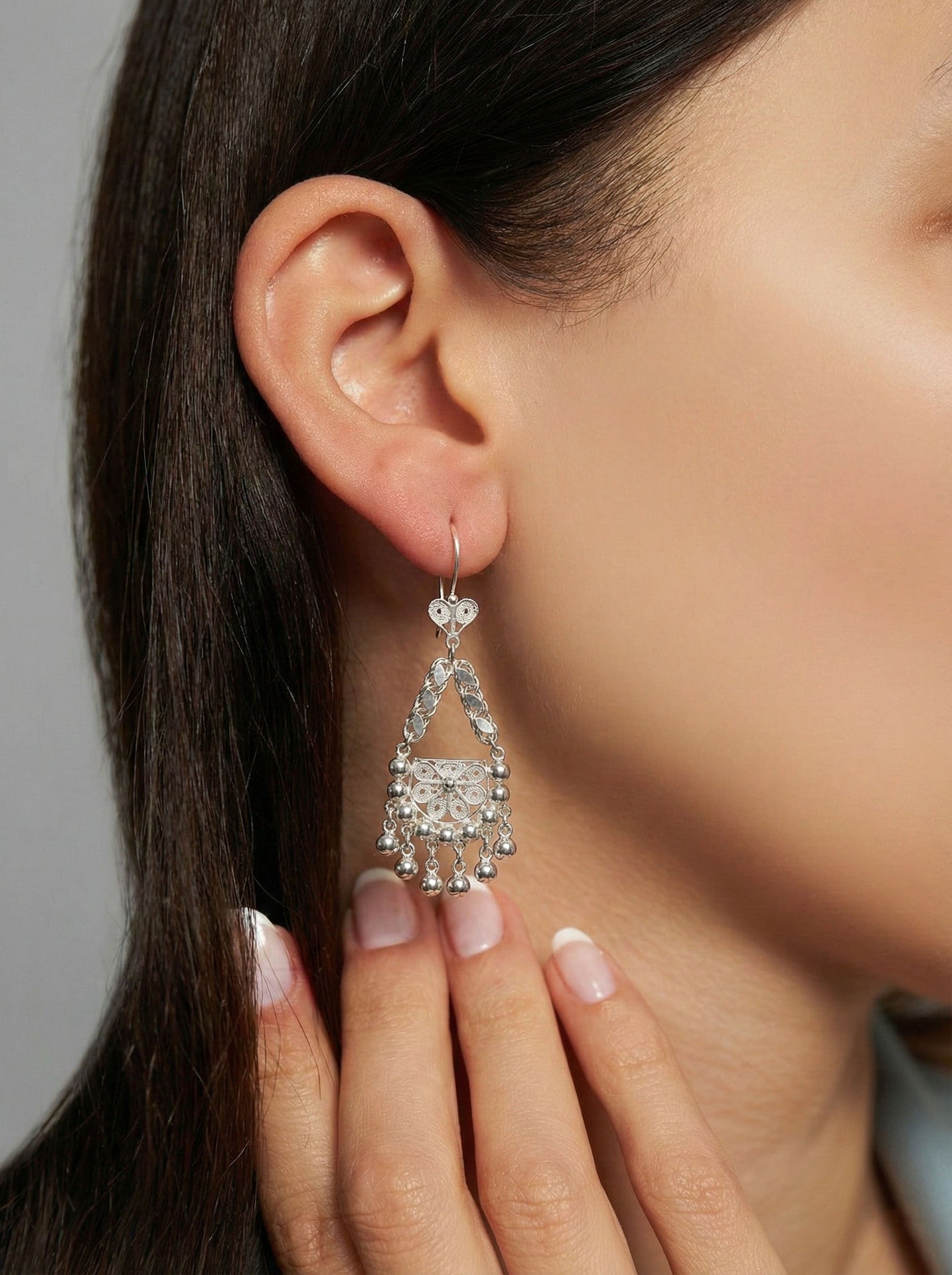 Traditional Handmade Filigree Cluster Shahmaran Earrings Silver