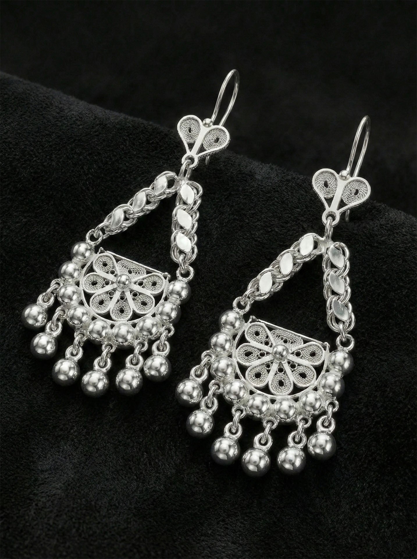 Traditional Handmade Filigree Cluster Shahmaran Earrings Silver