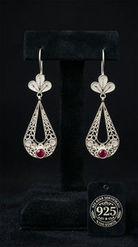 925 Sterling Silver Traditional Filigree Ruby-Colored Stone Tulip Figured Drop Dangle Earrings
