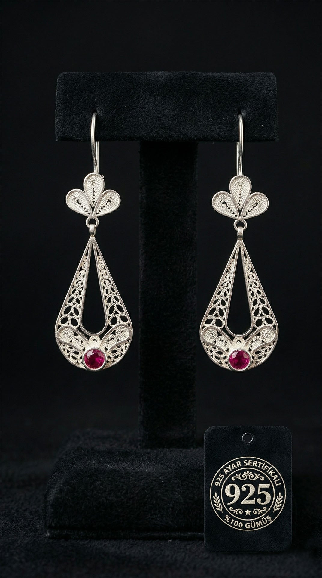 925 Sterling Silver Traditional Filigree Ruby-Colored Stone Tulip Figured Drop Dangle Earrings