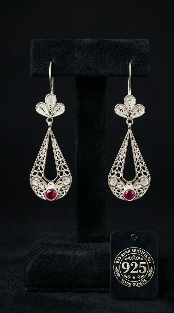 925 Sterling Silver Traditional Filigree Ruby-Colored Stone Tulip Figured Drop Dangle Earrings