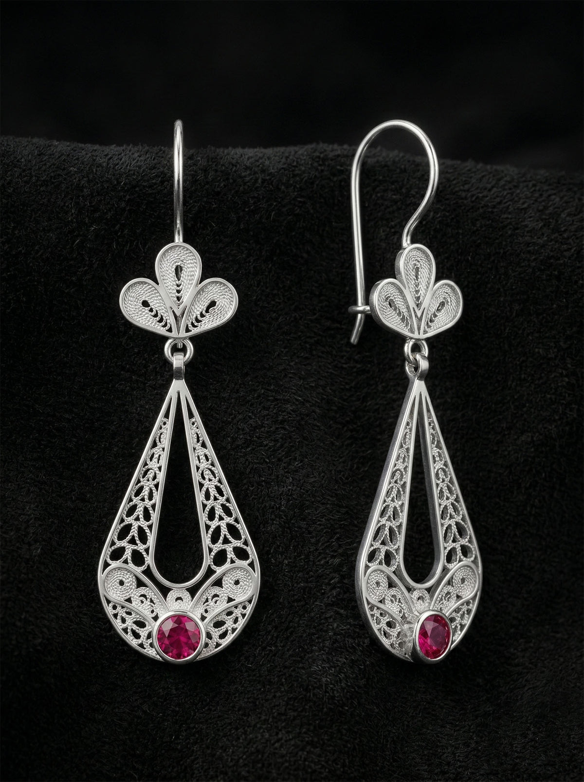 Filigree Ruby Red Tulip Teardrop Drop Earrings in 925 sterling silver - view 4