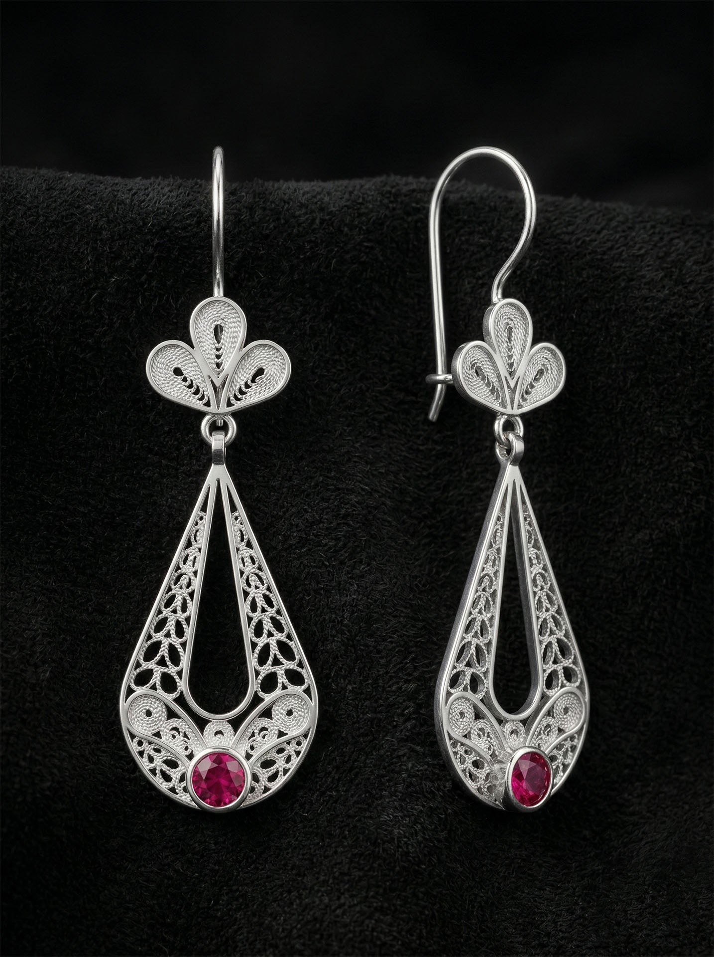 Traditional Handmade Filigree Ruby Tulip Charm Drop Dangle Earrings Silver