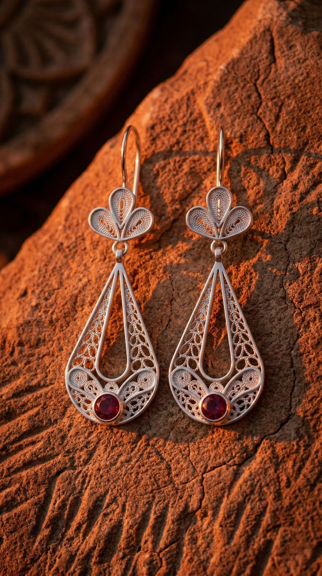 Traditional Handmade Filigree Ruby Tulip Charm Drop Dangle Earrings Silver