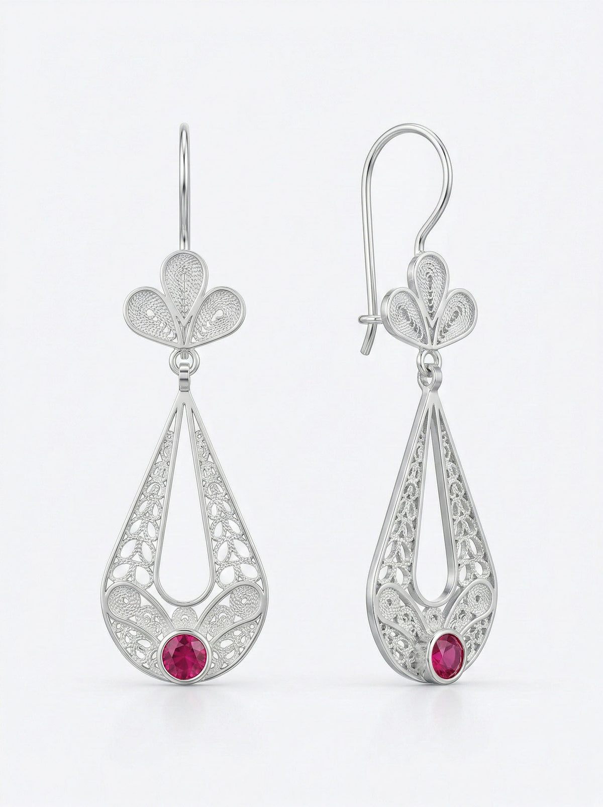Filigree Ruby Red Tulip Teardrop Drop Earrings in 925 sterling silver - view 6