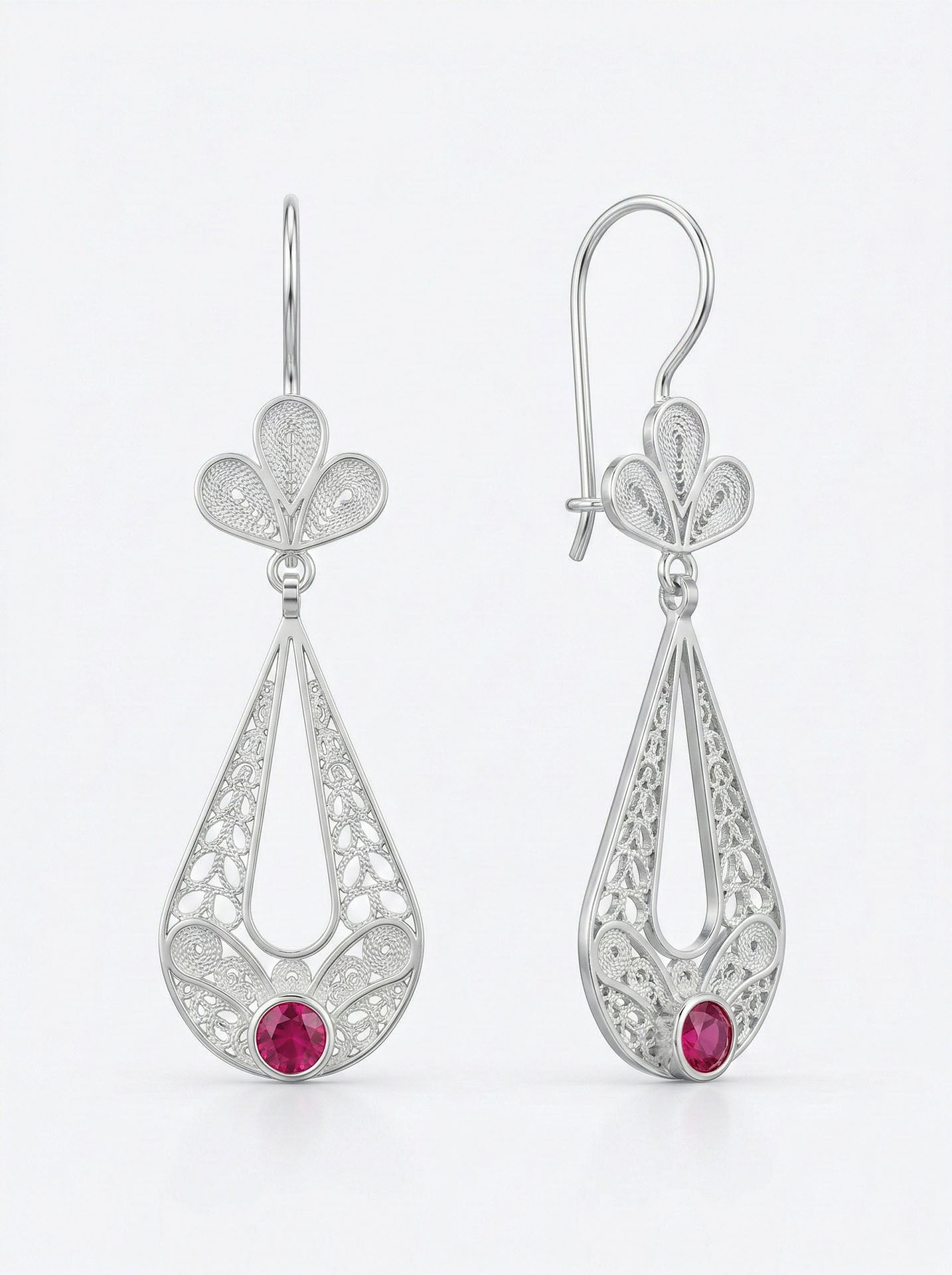Traditional Handmade Filigree Ruby Tulip Charm Drop Dangle Earrings Silver