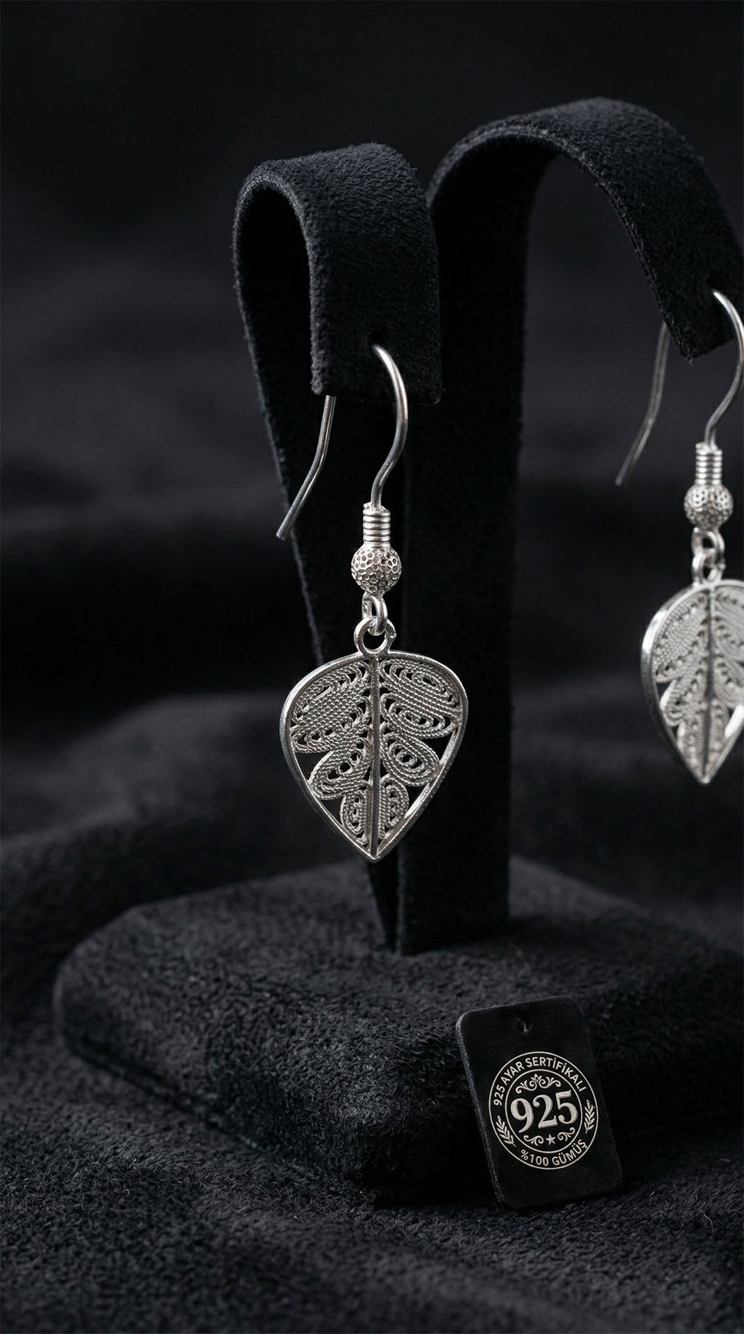 Traditional Handmade Filigree Leaf Motif Hook Earrings Silver