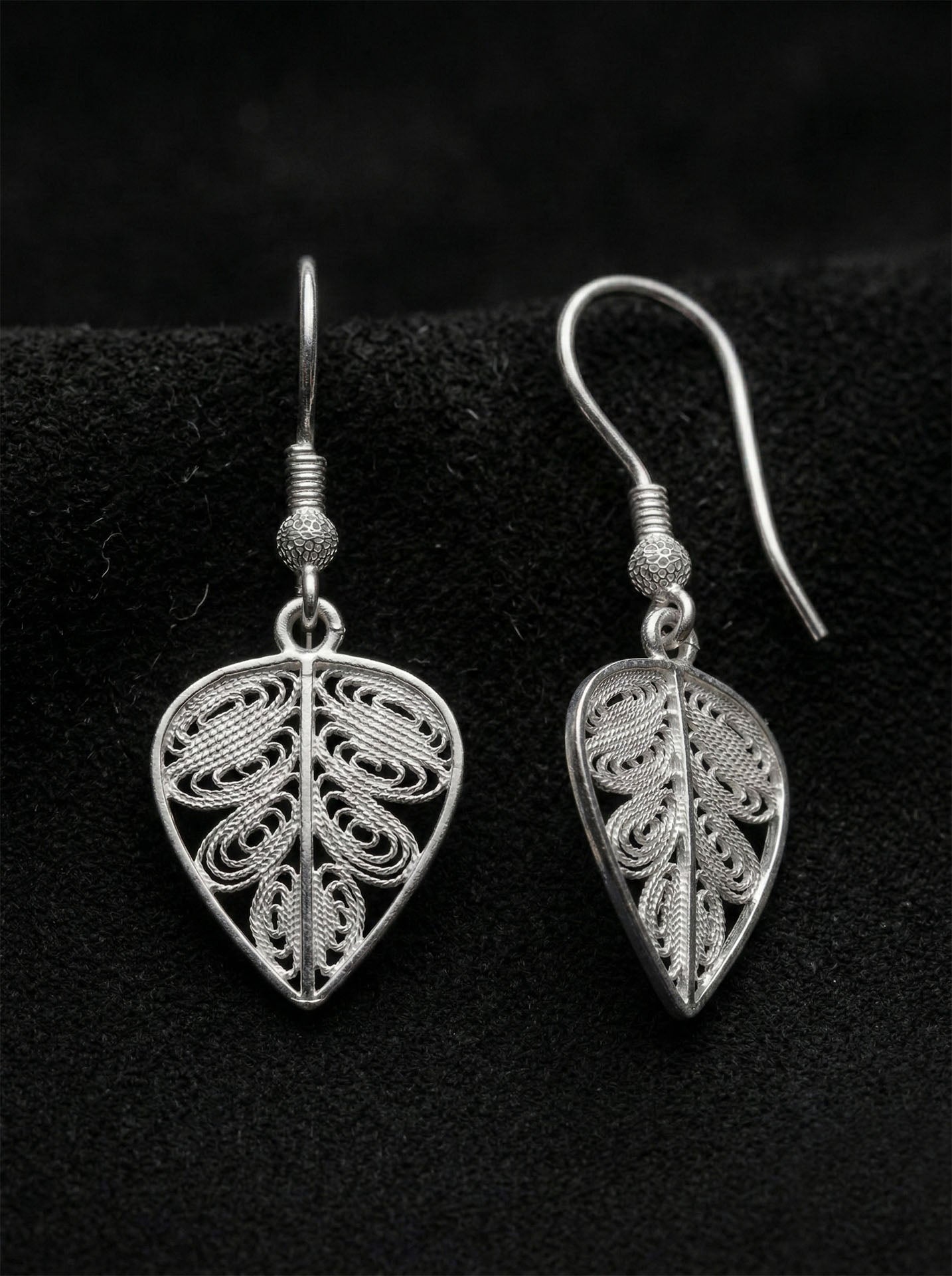 Traditional Handmade Filigree Leaf Motif Hook Earrings Silver