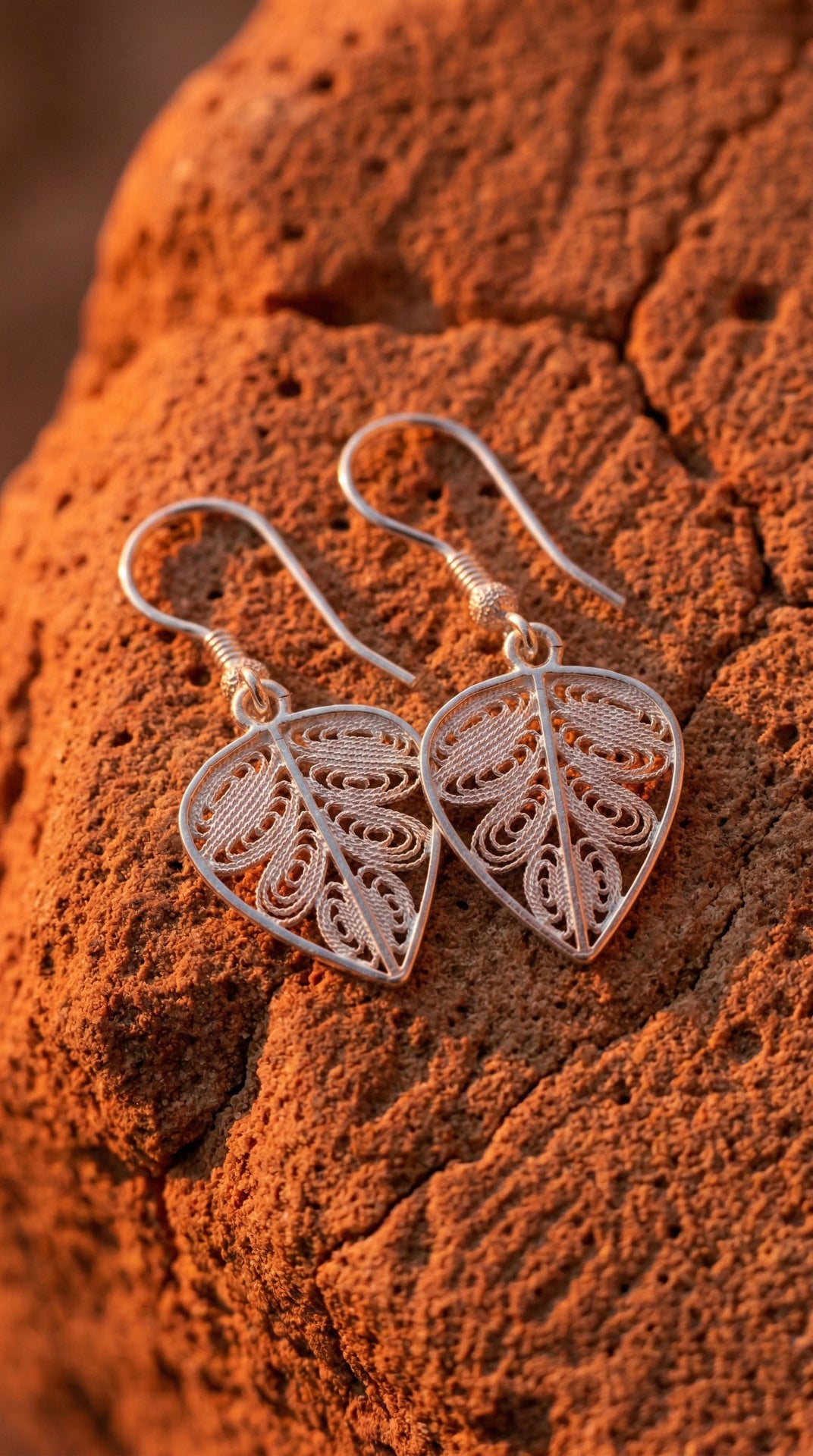 Traditional Handmade Filigree Leaf Motif Hook Earrings Silver