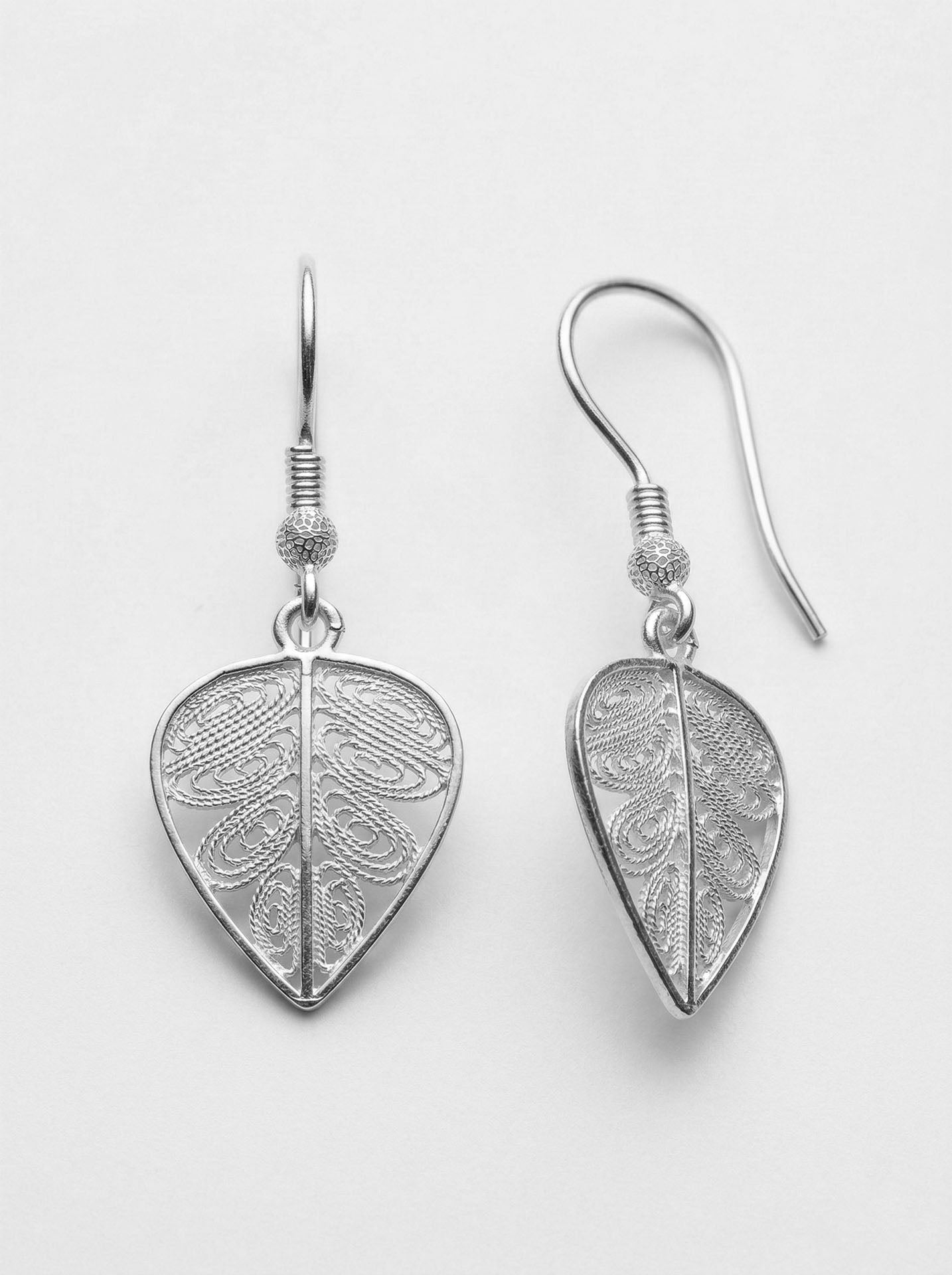 Traditional Handmade Filigree Leaf Motif Hook Earrings Silver