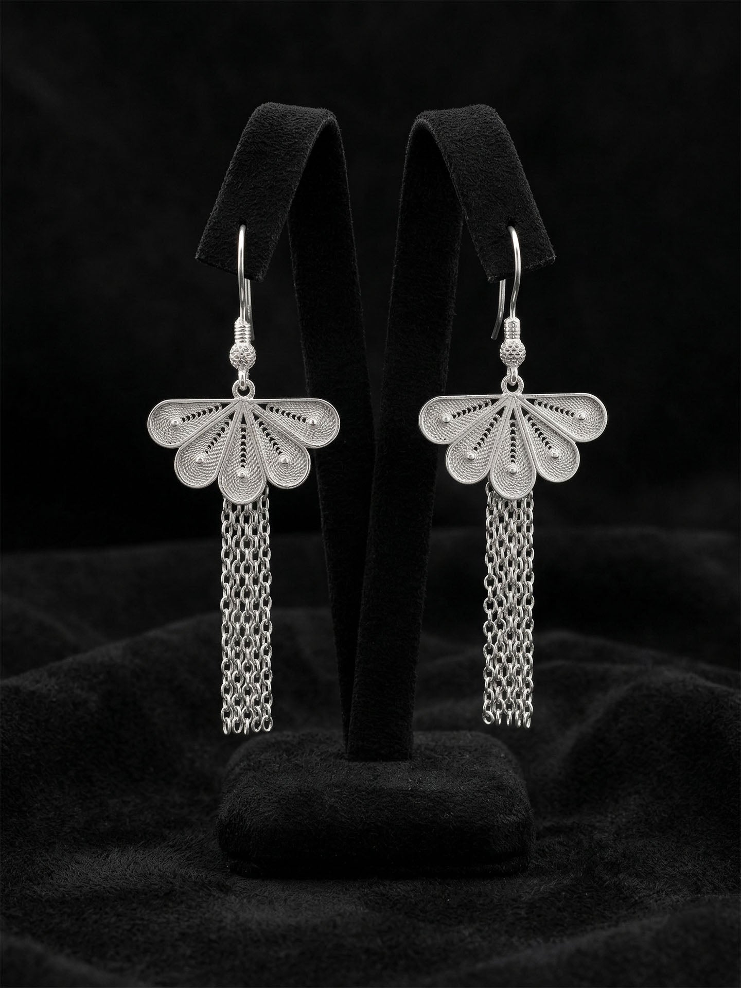 Traditional Handmade Filigree Fan Motif Chain Dangle Earrings Silver – Large