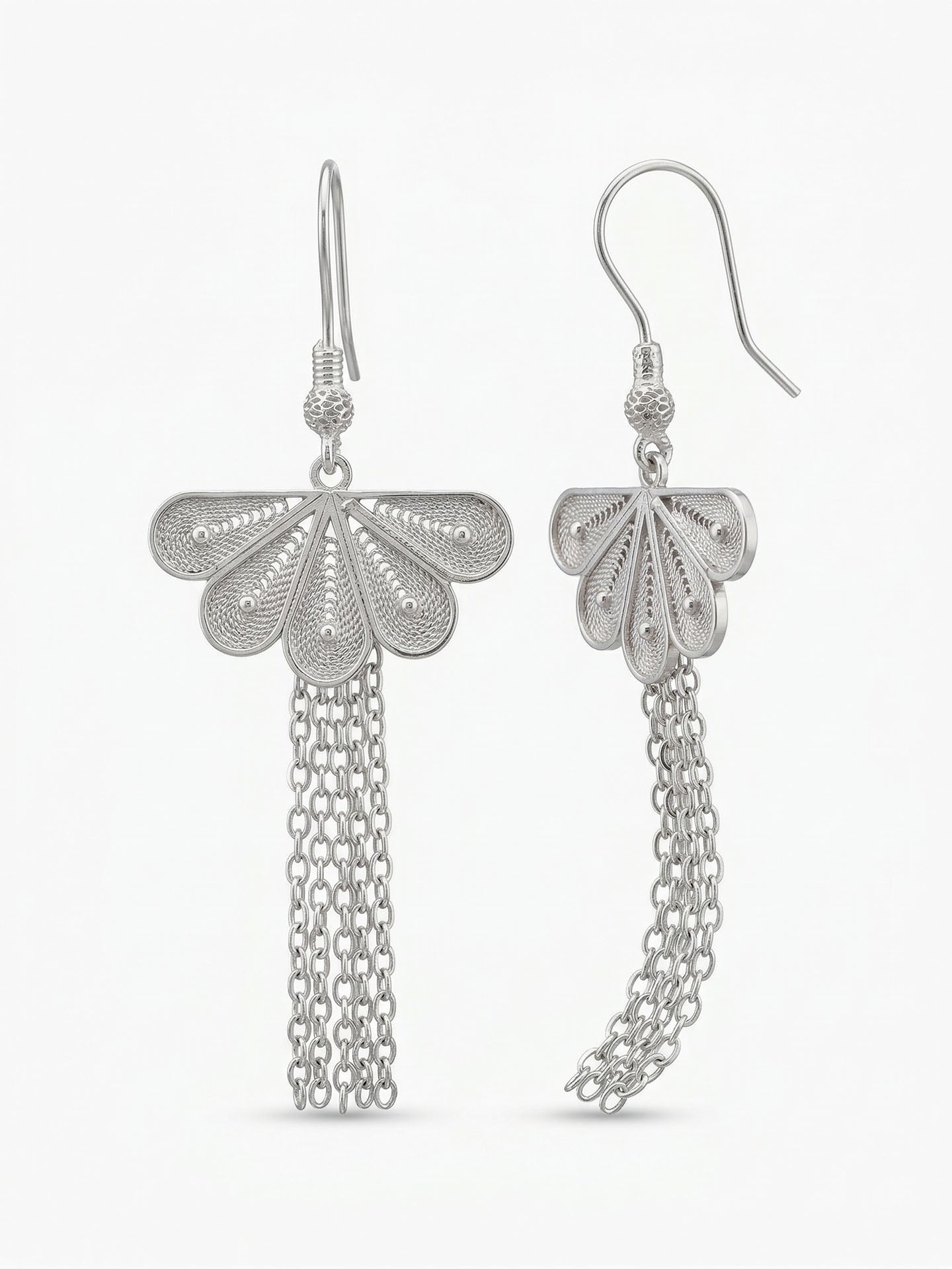 Traditional Handmade Filigree Fan Motif Chain Dangle Earrings Silver – Large