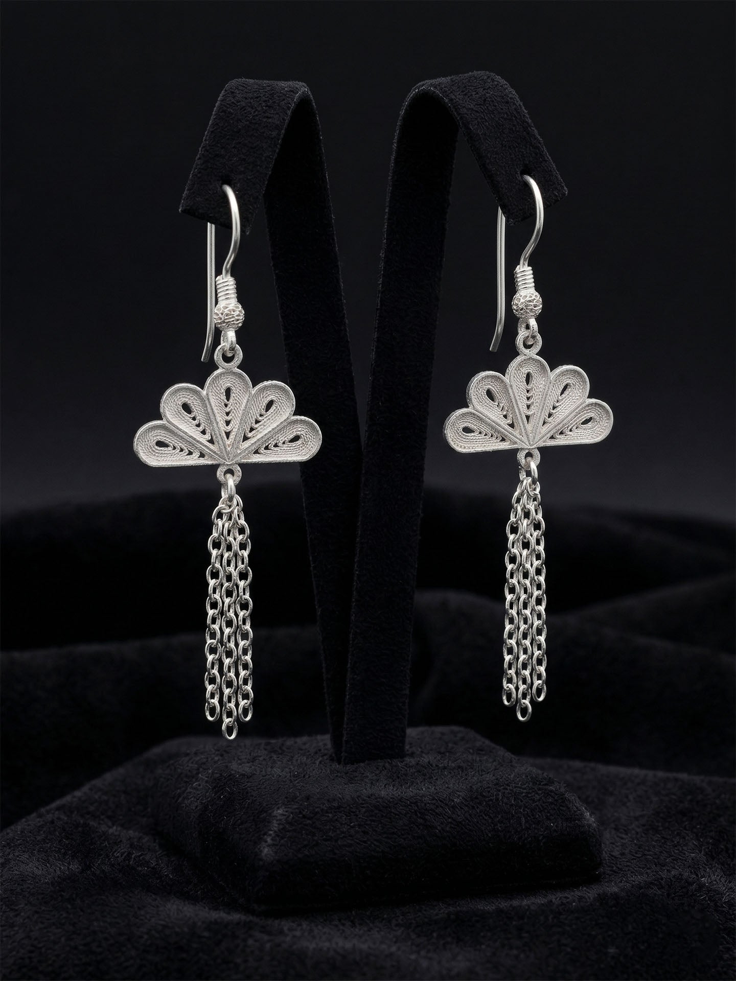 Traditional Handmade Filigree Fan Motif Chain Dangle Earrings Silver – Small