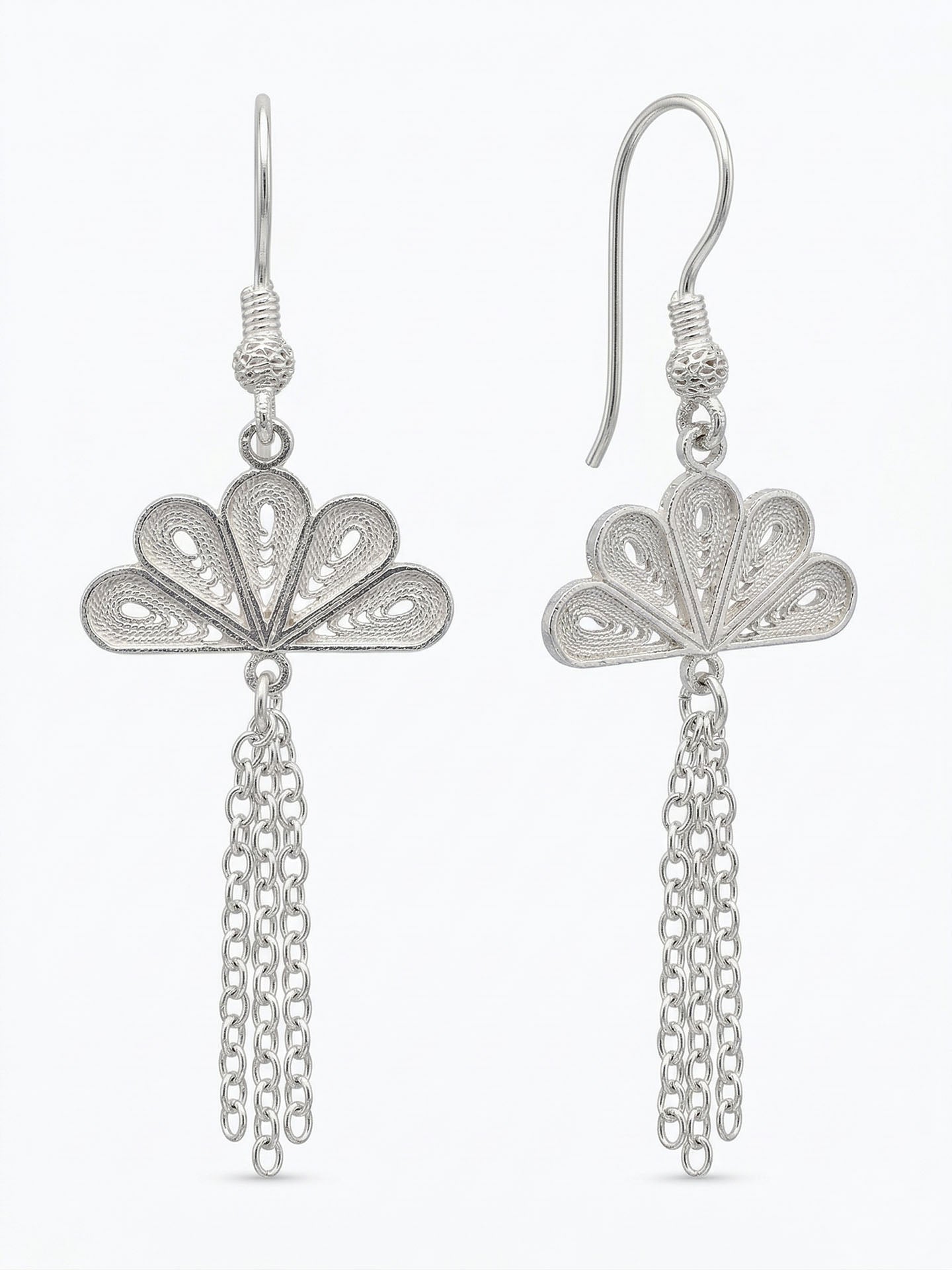 Traditional Handmade Filigree Fan Motif Chain Dangle Earrings Silver – Small