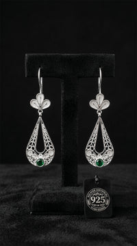 925 Sterling Silver Traditional Filigree Emerald Green Stone Tulip Figured Drop Earrings