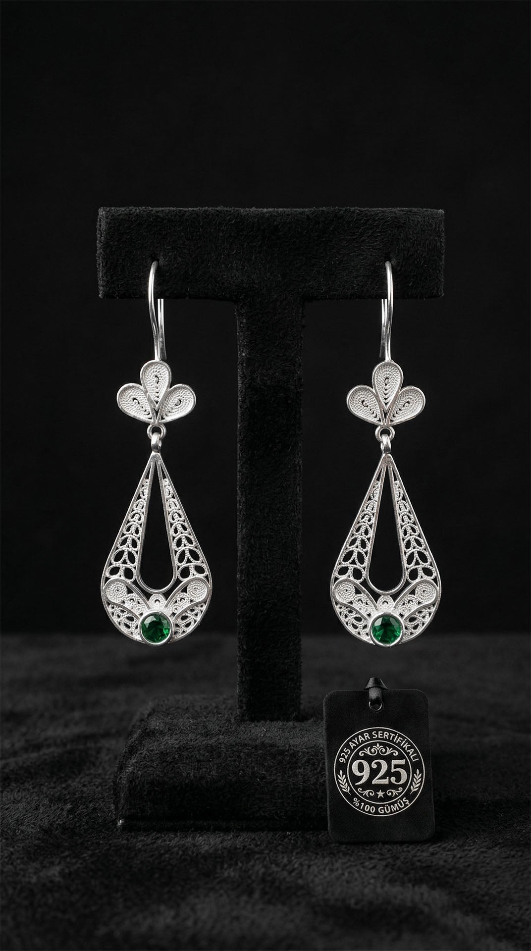 925 Sterling Silver Traditional Filigree Emerald Green Stone Tulip Figured Drop Earrings