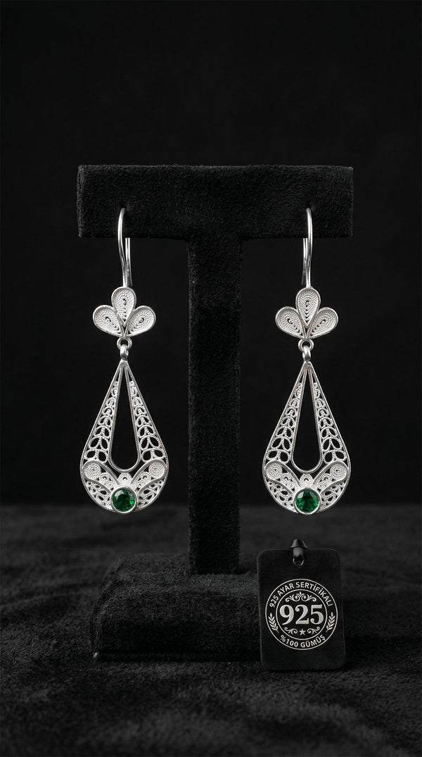 925 Sterling Silver Traditional Filigree Emerald Green Stone Tulip Figured Drop Earrings