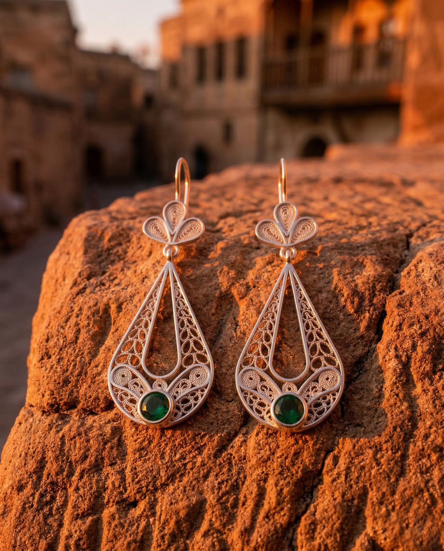 Traditional Handmade Filigree Emerald Green Tulip Charm Drop Earrings Silver