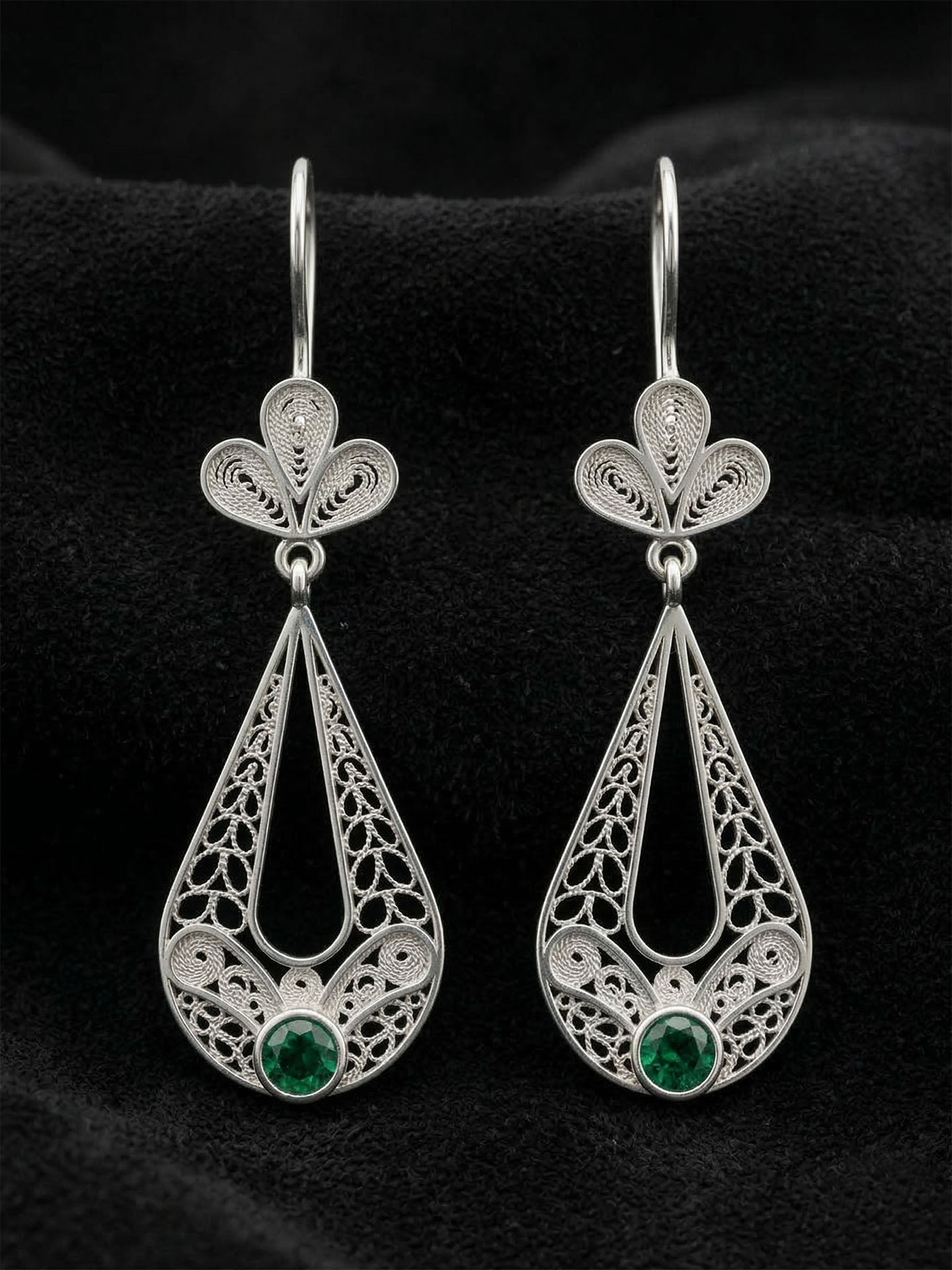 Traditional Handmade Filigree Emerald Green Tulip Charm Drop Earrings Silver